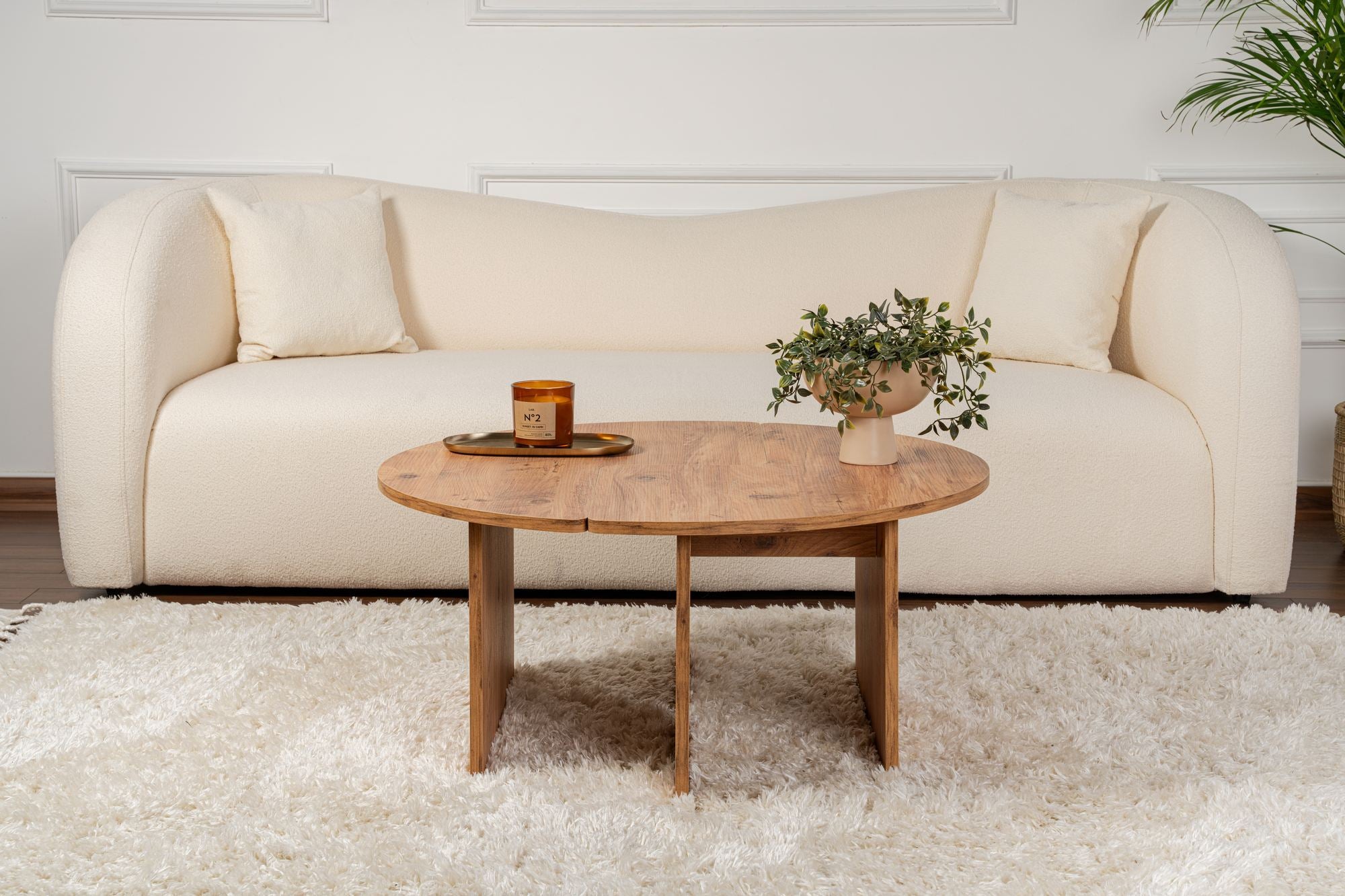Mesa de Centro Elegante, Ø90 cm, 41 cm de Altura | Painel de Partículas 100% Revestido em Melamina, 18 mm de Espessura | Acabamento em Pinho Atlântico, Perfeita para Espaços Modernos