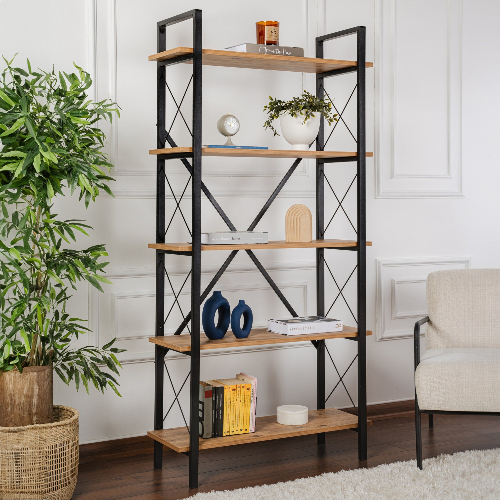 Estante elegante com estrutura de metal, pinho atlântico e preto, 90 x 180 x 33,5 cm | 100% revestida em melamina, para montagem na parede, design durável para espaços modernos