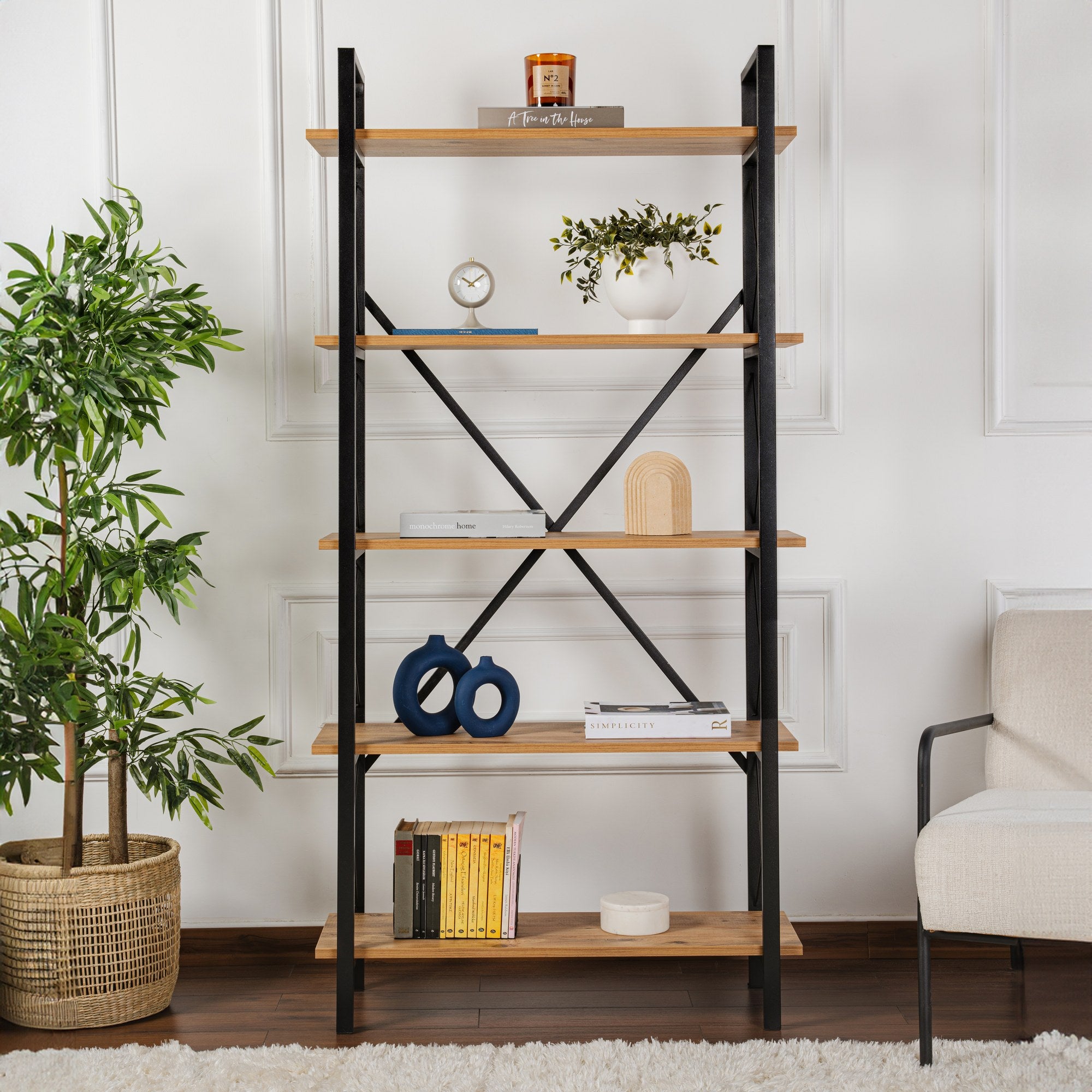 Estante elegante com estrutura de metal, pinho atlântico e preto, 90 x 180 x 33,5 cm | 100% revestida em melamina, para montagem na parede, design durável para espaços modernos
