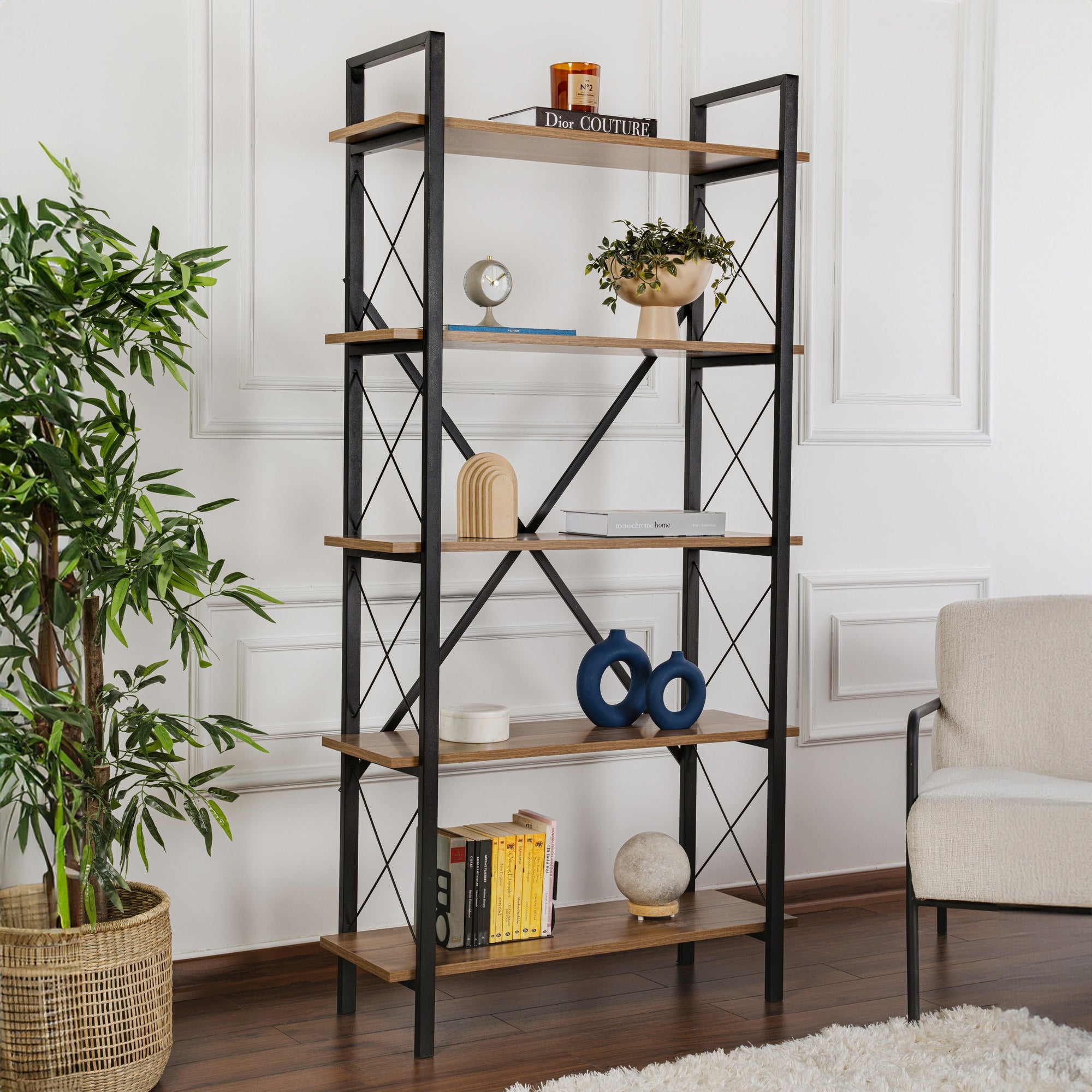 Estante elegante em nogueira e preto, 90 x 180 x 33,5 cm | Painel de partículas 100% revestido em melamina, estrutura de metal | Montável na parede, várias prateleiras para armazenamento extra