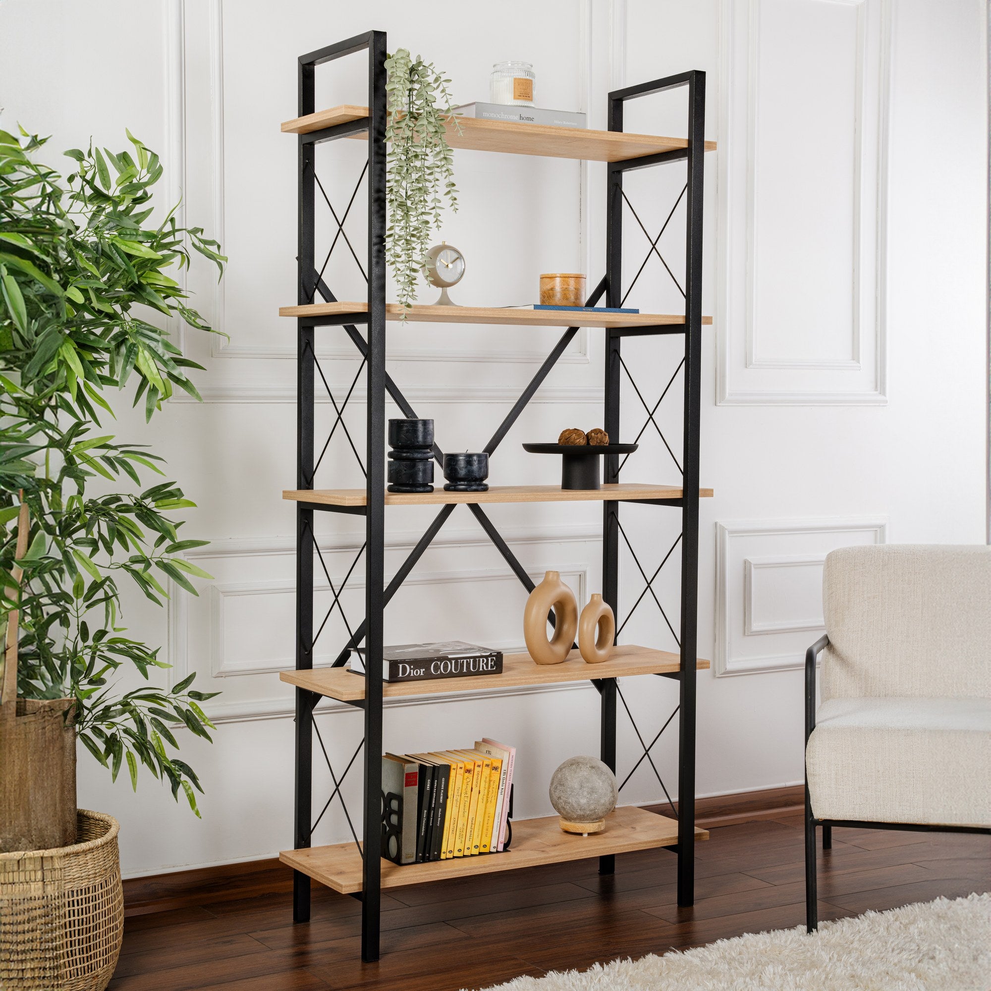 Estante elegante em carvalho e preto, 90 x 180 x 33,5 cm | Painel de partículas 100% revestido em melamina, estrutura de metal | Montável na parede, várias prateleiras para armazenamento extra