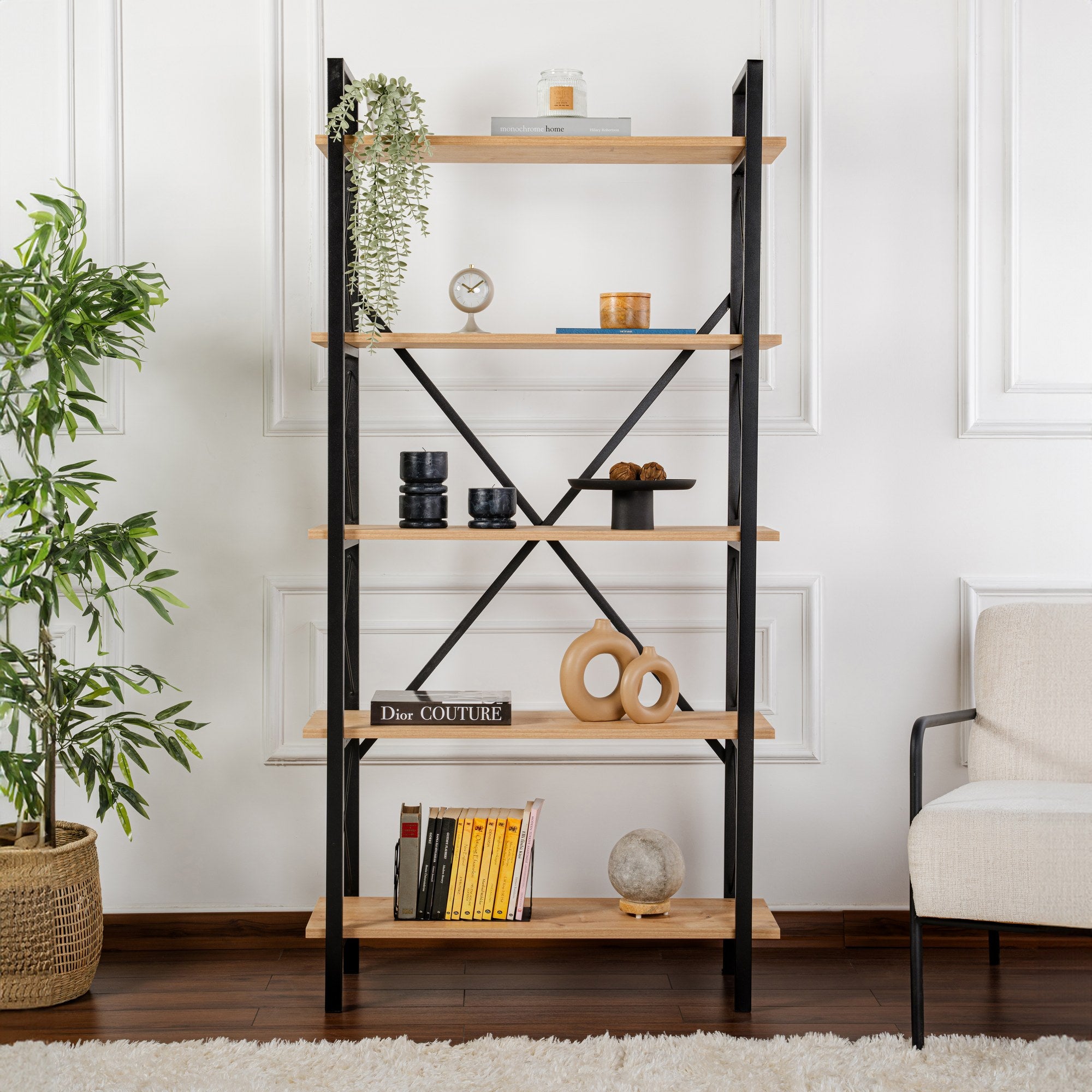 Estante elegante em carvalho e preto, 90 x 180 x 33,5 cm | Painel de partículas 100% revestido em melamina, estrutura de metal | Montável na parede, várias prateleiras para armazenamento extra