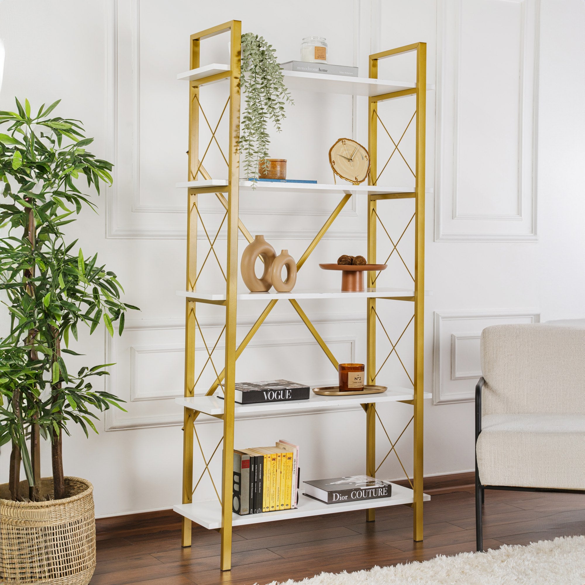 Estante elegante em branco e dourado, 90 x 180 x 33,5 cm | Painel de partículas 100% revestido em melamina, estrutura de metal | Solução de armazenamento elegante e montável na parede