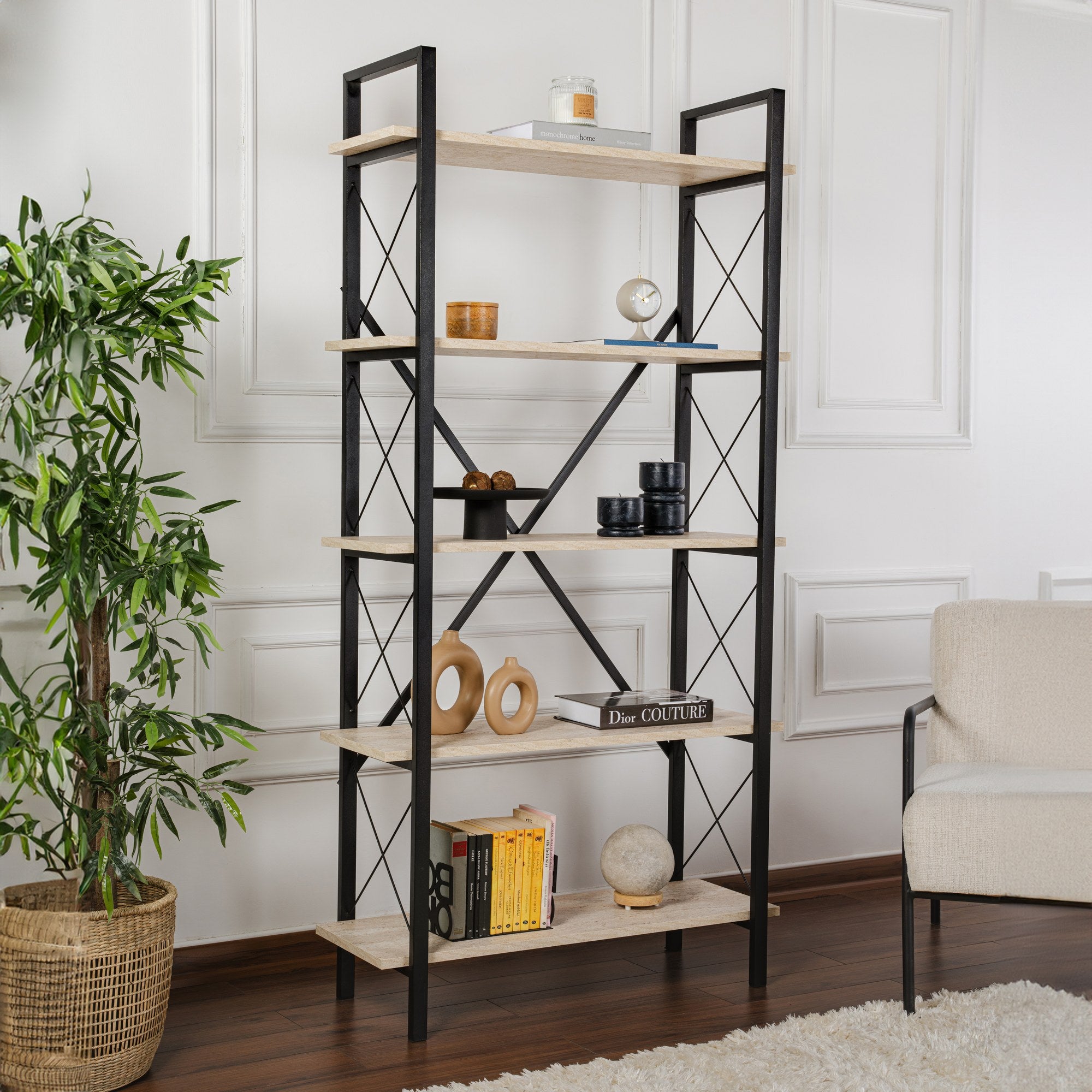 Estante elegante com estrutura de metal, 90 x 180 x 33,5 cm | Painel de partículas 100% revestido de melamina, montável na parede, travertino e preto | Perfeito para casa e escritório
