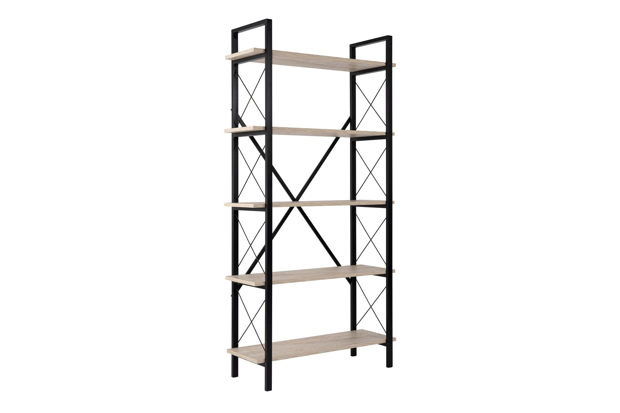 Estante elegante com estrutura de metal, 90 x 180 x 33,5 cm | Painel de partículas 100% revestido de melamina, montável na parede, travertino e preto | Perfeito para casa e escritório