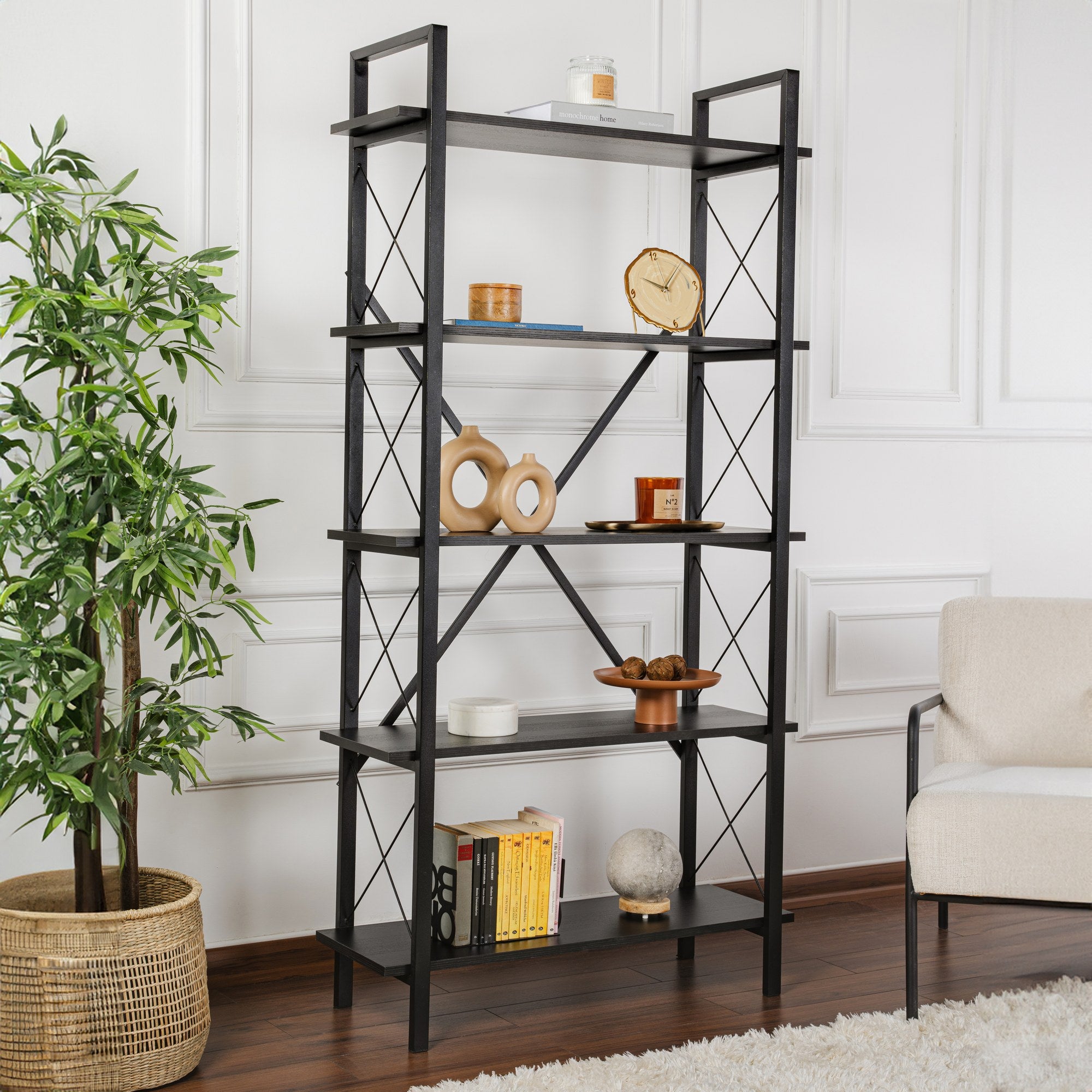 Estante elegante preta com estrutura de metal, 90 x 180 x 33,5 cm | Painel de partículas 100% revestido de melamina | Design durável e funcional para montagem na parede