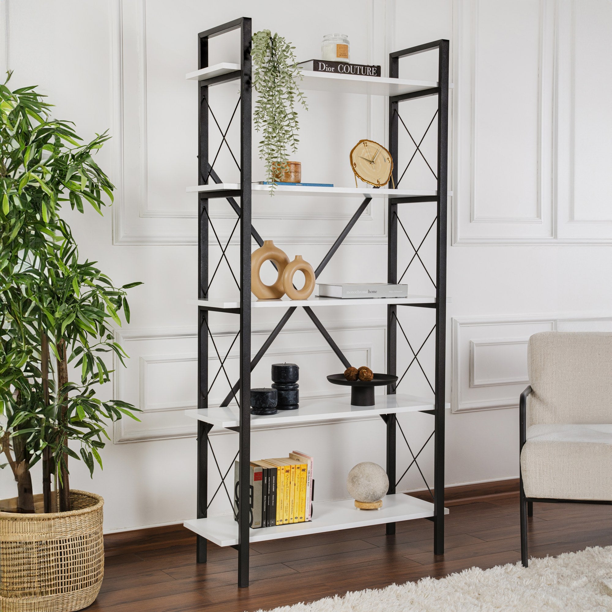 Estante elegante com estrutura de metal, 90 x 180 x 33,5 cm | Painel de partículas 100% revestido de melamina, montável na parede, branco e preto | Perfeita para armazenamento em casa e no escritório