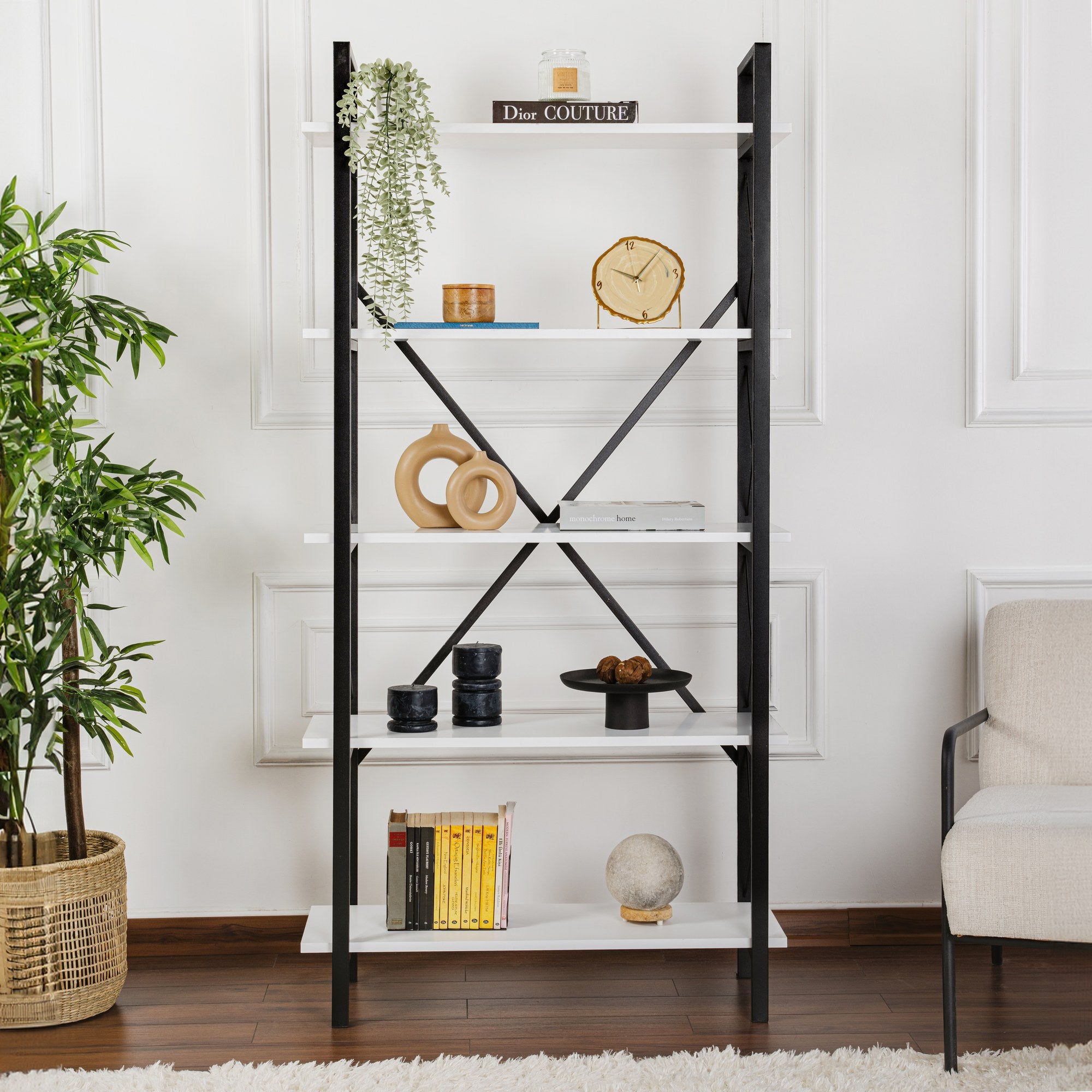 Estante elegante com estrutura de metal, 90 x 180 x 33,5 cm | Painel de partículas 100% revestido de melamina, montável na parede, branco e preto | Perfeita para armazenamento em casa e no escritório