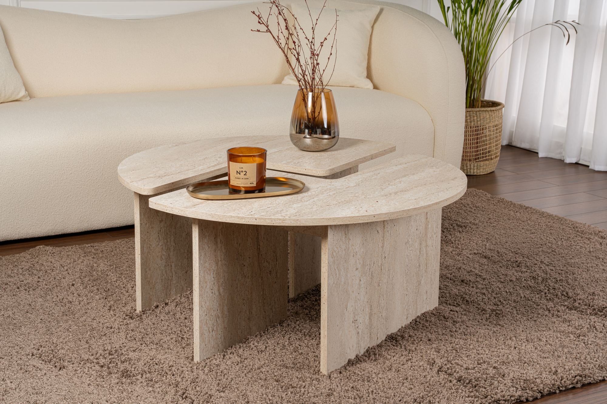 Mesa de Centro Elegante, Ø90 cm, 41 cm de Altura | Painel de Partículas 100% Revestido em Melamina, 18 mm de Espessura | Acabamento Elegante em Mármore Travertino para Espaços Modernos