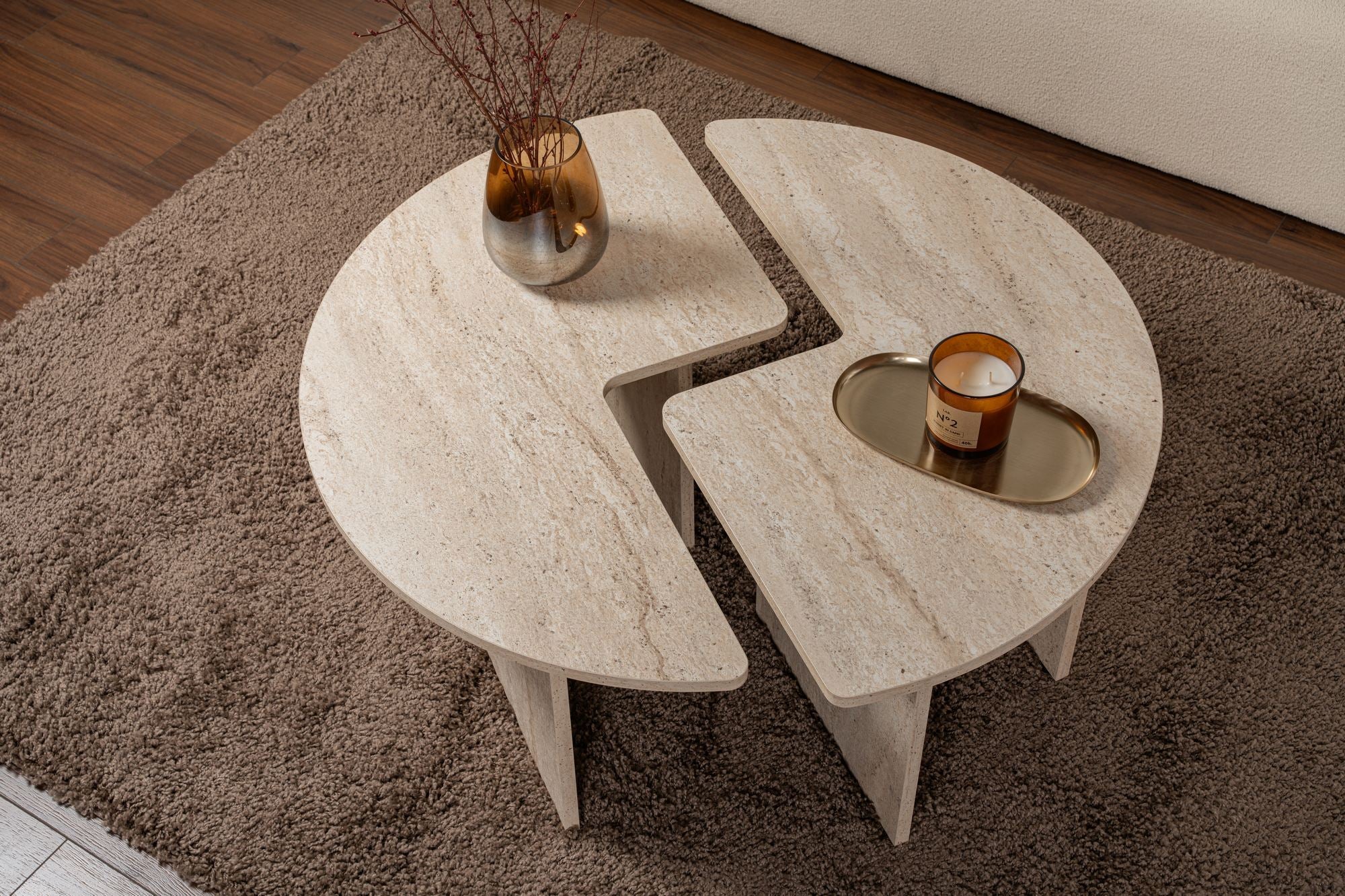 Mesa de Centro Elegante, Ø90 cm, 41 cm de Altura | Painel de Partículas 100% Revestido em Melamina, 18 mm de Espessura | Acabamento Elegante em Mármore Travertino para Espaços Modernos