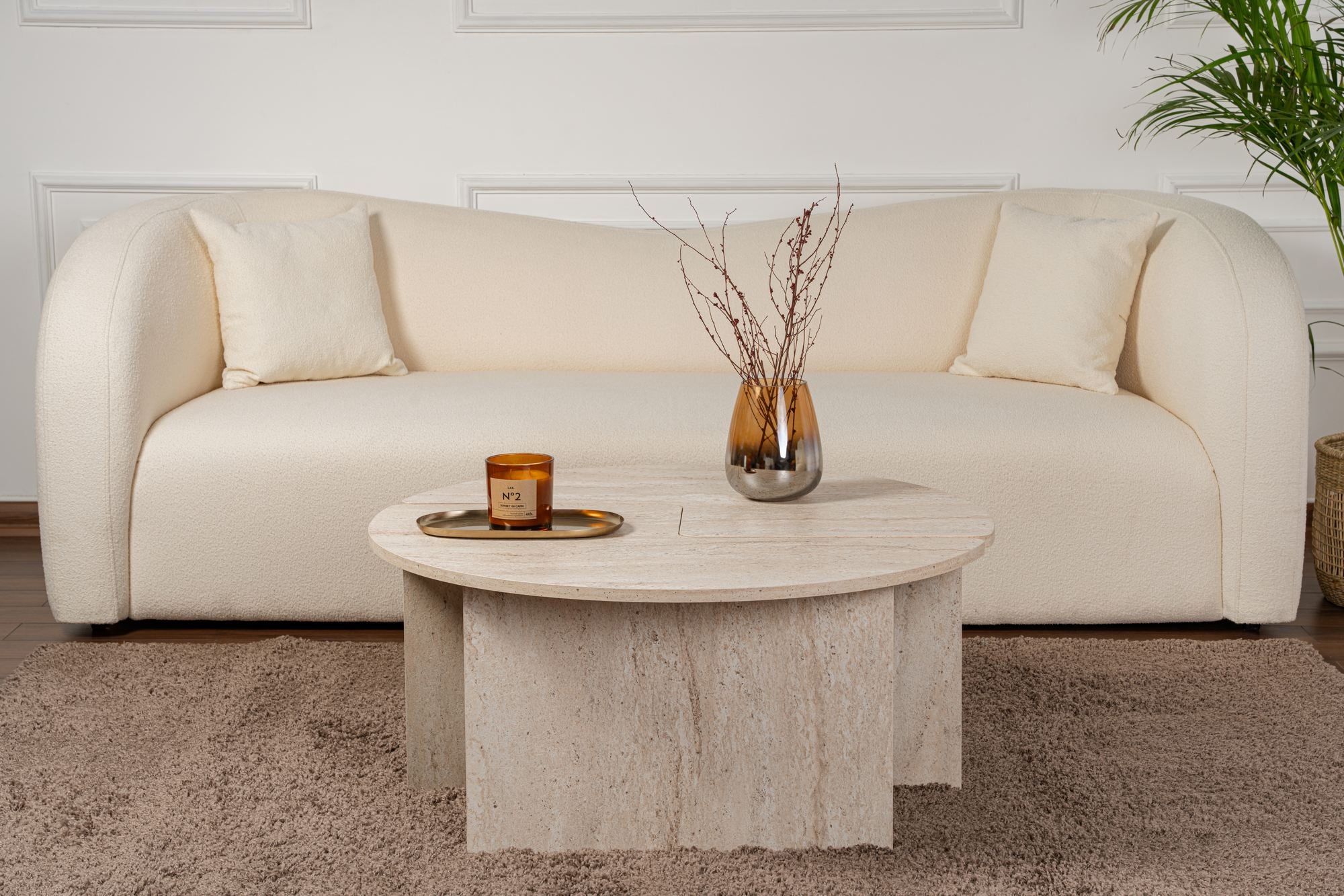 Mesa de Centro Elegante, Ø90 cm, 41 cm de Altura | Painel de Partículas 100% Revestido em Melamina, 18 mm de Espessura | Acabamento Elegante em Mármore Travertino para Espaços Modernos
