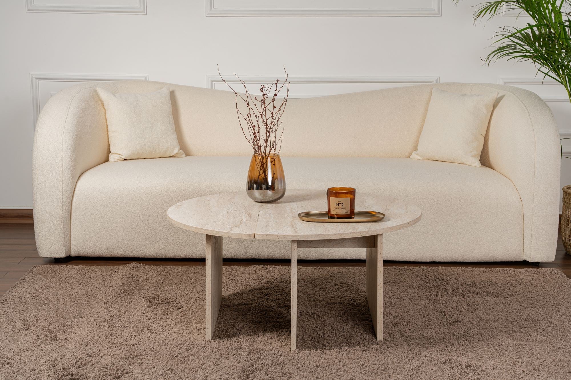 Mesa de Centro Elegante, Ø90 cm, 41 cm de Altura | Painel de Partículas 100% Revestido em Melamina, 18 mm de Espessura | Acabamento Elegante em Mármore Travertino para Espaços Modernos
