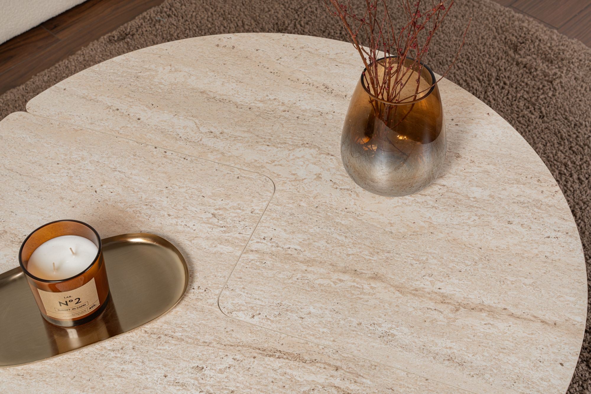 Mesa de Centro Elegante, Ø90 cm, 41 cm de Altura | Painel de Partículas 100% Revestido em Melamina, 18 mm de Espessura | Acabamento Elegante em Mármore Travertino para Espaços Modernos