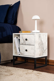 Mesa de cabeceira elegante com acabamento em mármore frésia e preto, 45,2 cm L x 50 cm A x 29,5 cm P | 100% revestida em melamina, 18 mm de espessura, pernas de metal resistentes | Design moderno para quarto