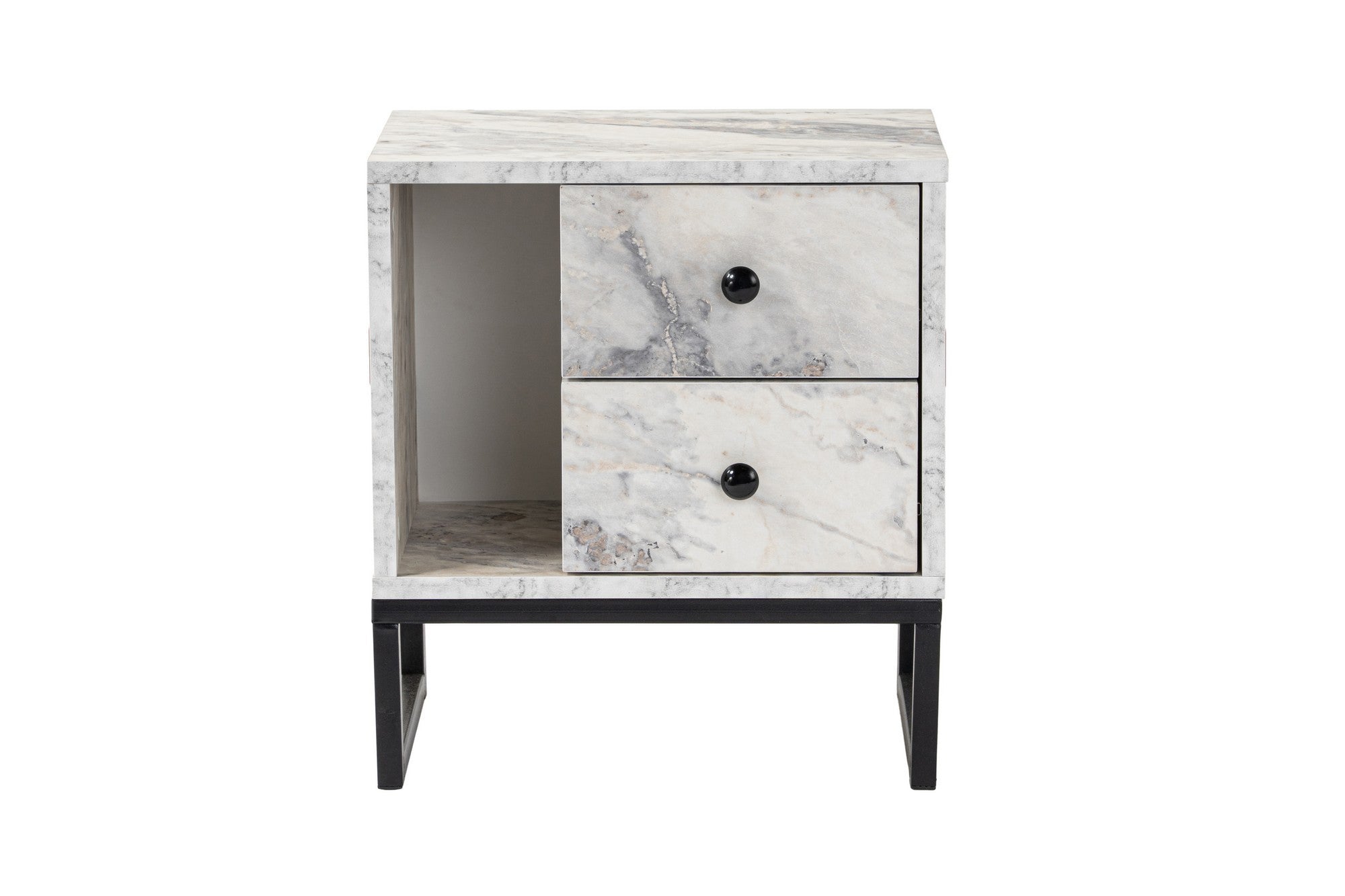 Mesa de cabeceira elegante com acabamento em mármore frésia e preto, 45,2 cm L x 50 cm A x 29,5 cm P | 100% revestida em melamina, 18 mm de espessura, pernas de metal resistentes | Design moderno para quarto