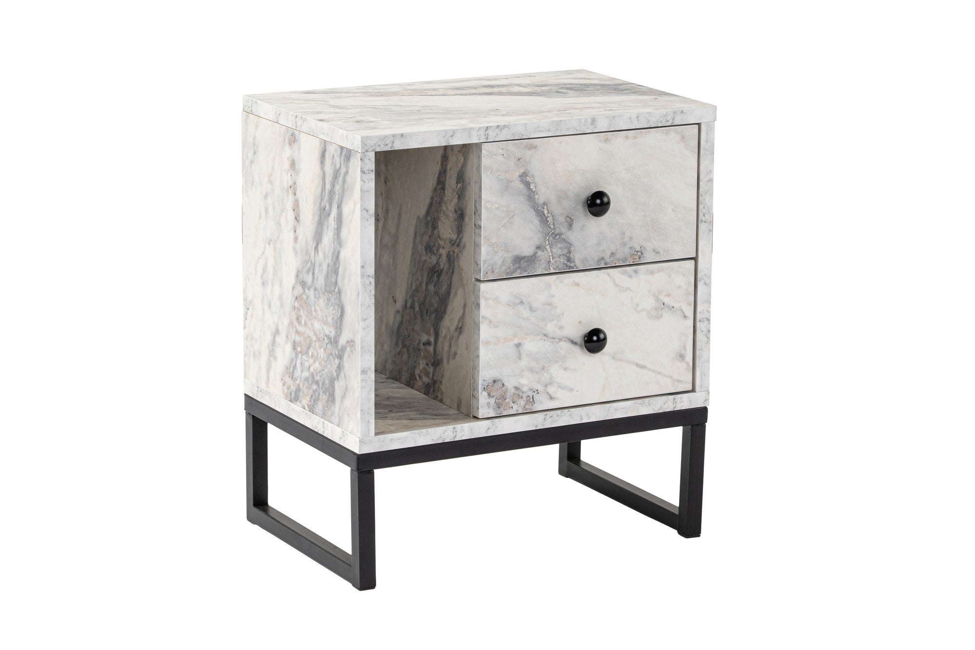 Mesa de cabeceira elegante com acabamento em mármore frésia e preto, 45,2 cm L x 50 cm A x 29,5 cm P | 100% revestida em melamina, 18 mm de espessura, pernas de metal resistentes | Design moderno para quarto