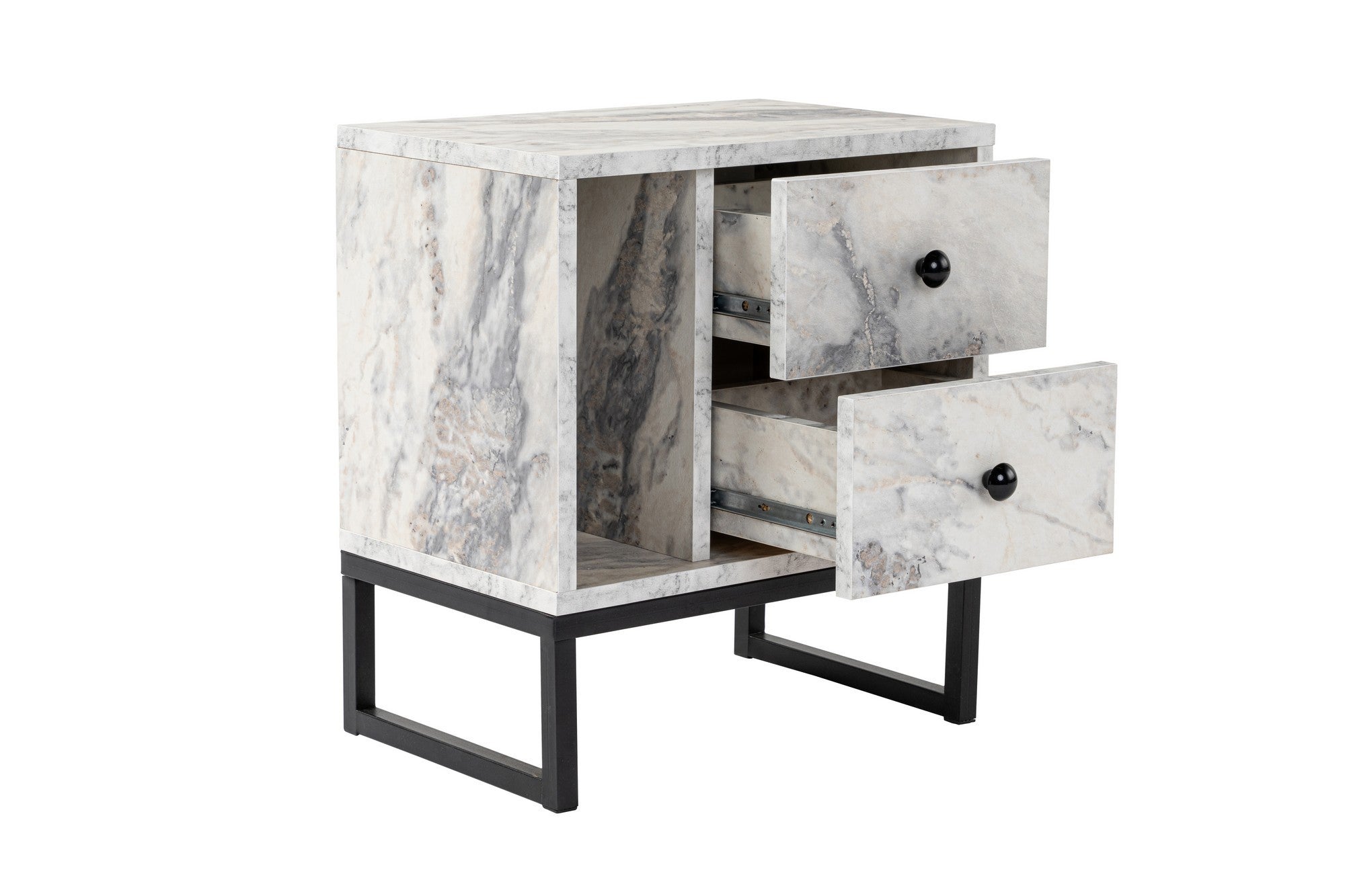 Mesa de cabeceira elegante com acabamento em mármore frésia e preto, 45,2 cm L x 50 cm A x 29,5 cm P | 100% revestida em melamina, 18 mm de espessura, pernas de metal resistentes | Design moderno para quarto