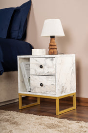Mesa de cabeceira elegante com acabamento em mármore frésia e dourado, 45,2 cm L x 50 cm A x 29,5 cm P | 100% revestida em melamina, 18 mm de espessura, pernas de metal resistentes | Design moderno