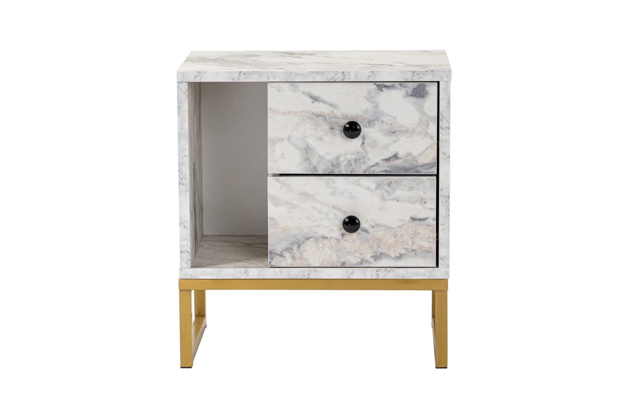 Mesa de cabeceira elegante com acabamento em mármore frésia e dourado, 45,2 cm L x 50 cm A x 29,5 cm P | 100% revestida em melamina, 18 mm de espessura, pernas de metal resistentes | Design moderno