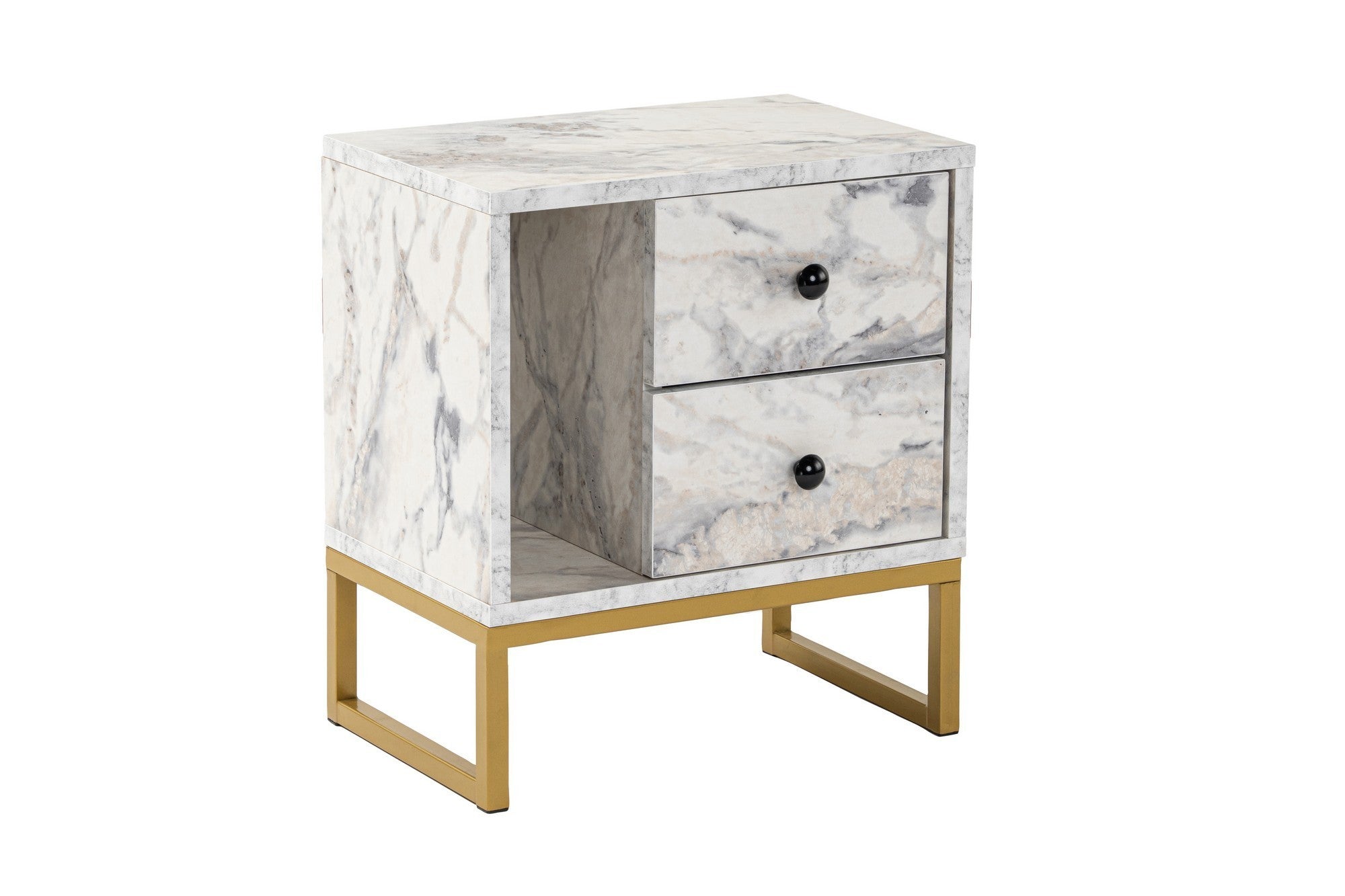Mesa de cabeceira elegante com acabamento em mármore frésia e dourado, 45,2 cm L x 50 cm A x 29,5 cm P | 100% revestida em melamina, 18 mm de espessura, pernas de metal resistentes | Design moderno