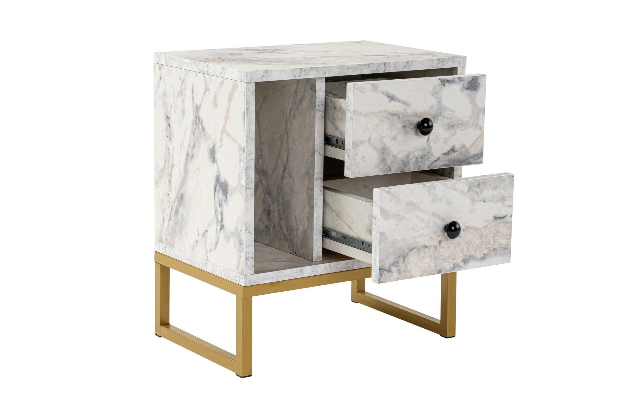 Mesa de cabeceira elegante com acabamento em mármore frésia e dourado, 45,2 cm L x 50 cm A x 29,5 cm P | 100% revestida em melamina, 18 mm de espessura, pernas de metal resistentes | Design moderno