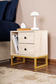 Mesa de cabeceira elegante com pernas de metal, acabamento em travertino e dourado, 45,2 x 50 x 29,5 cm | Painel de partículas 100% revestido em melamina, 18 mm de espessura | Design elegante em mármore