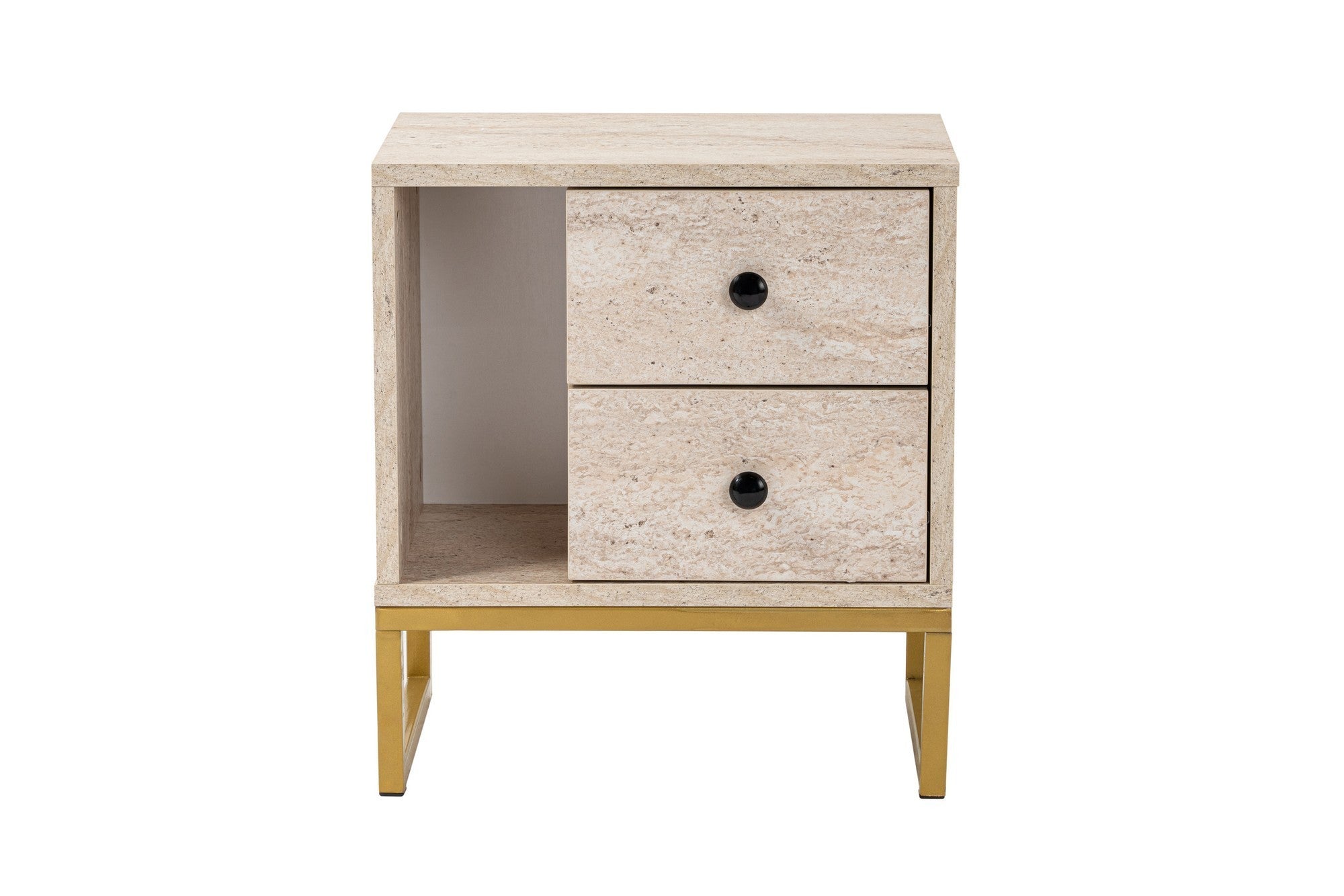 Mesa de cabeceira elegante com pernas de metal, acabamento em travertino e dourado, 45,2 x 50 x 29,5 cm | Painel de partículas 100% revestido em melamina, 18 mm de espessura | Design elegante em mármore