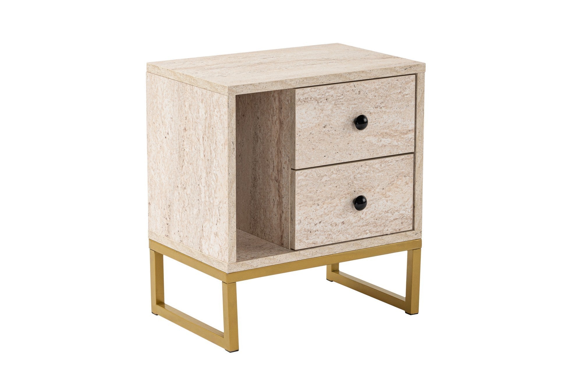 Mesa de cabeceira elegante com pernas de metal, acabamento em travertino e dourado, 45,2 x 50 x 29,5 cm | Painel de partículas 100% revestido em melamina, 18 mm de espessura | Design elegante em mármore