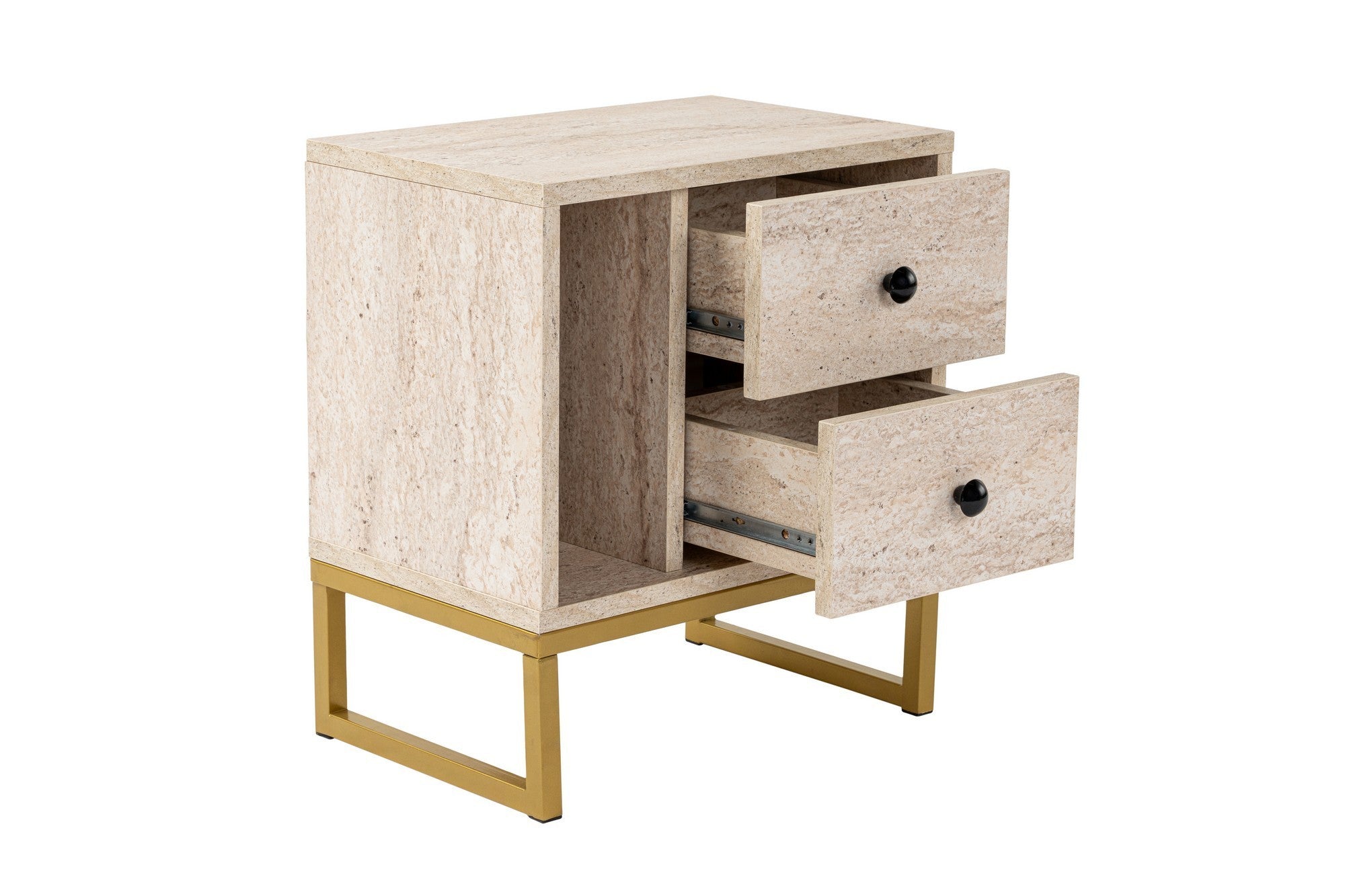 Mesa de cabeceira elegante com pernas de metal, acabamento em travertino e dourado, 45,2 x 50 x 29,5 cm | Painel de partículas 100% revestido em melamina, 18 mm de espessura | Design elegante em mármore