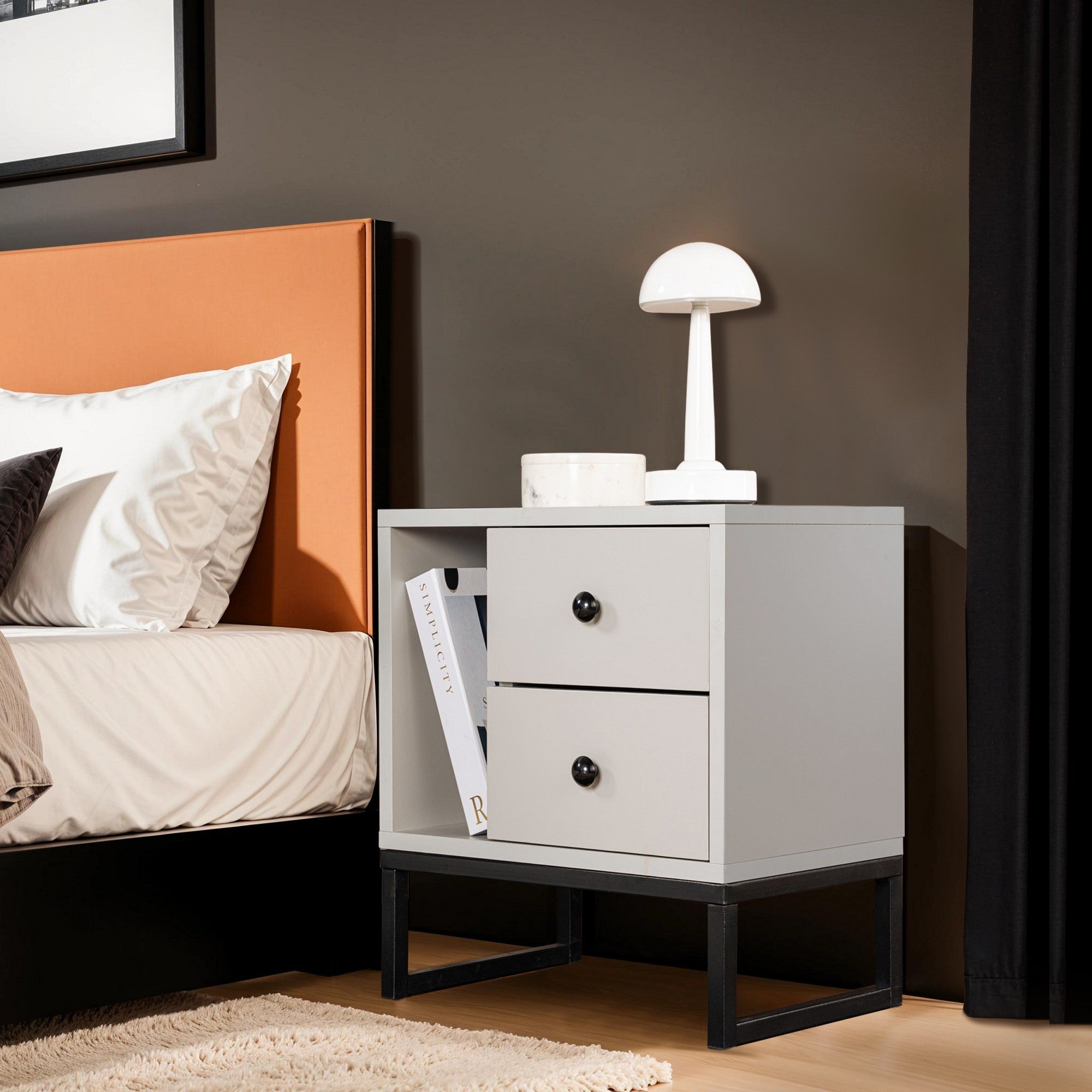 Mesa de Cabeceira Elegante com Pés de Metal, Cinza e Preto, 45,2 x 50 x 29,5 cm | Painel de Partículas 100% Revestido com Melamina, 18 mm de Espessura | Design Moderno para Quarto