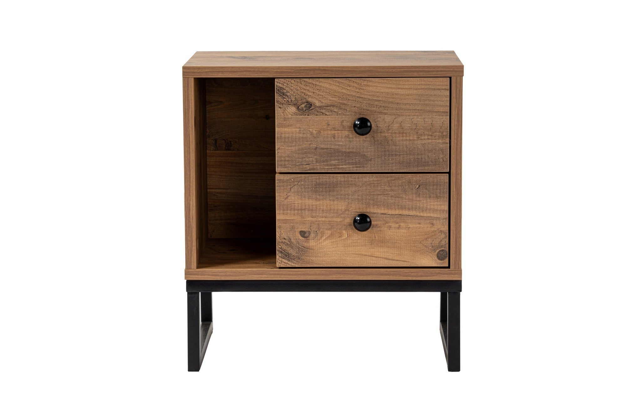 Mesa de Cabeceira Elegante com Pés de Metal, Pinho Atlântico e Preto, 45,2 x 50 x 29,5 cm | Painel de Partículas 100% Revestido com Melamina, 18 mm de Espessura | Design Moderno para Quarto