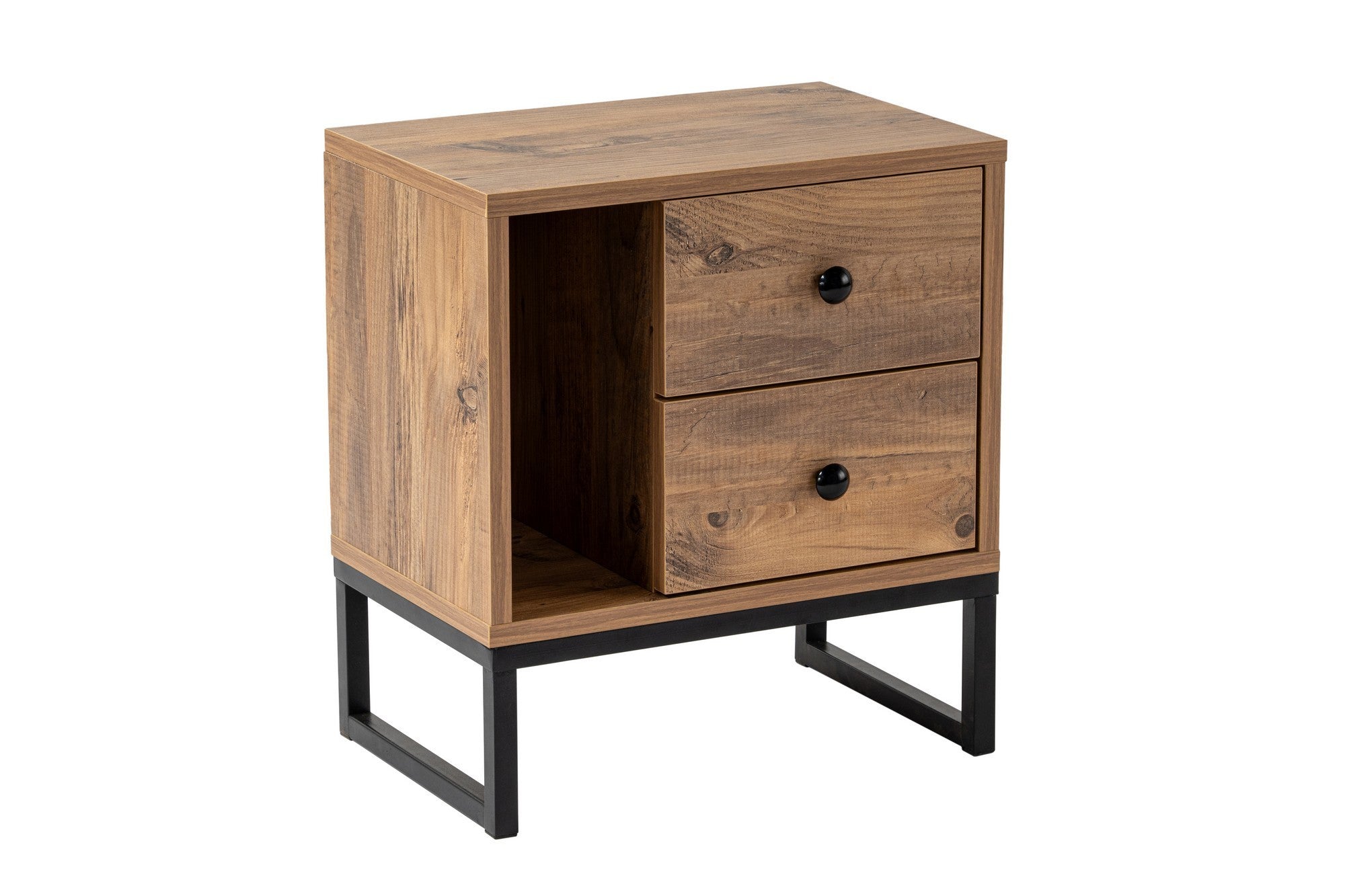Mesa de Cabeceira Elegante com Pés de Metal, Pinho Atlântico e Preto, 45,2 x 50 x 29,5 cm | Painel de Partículas 100% Revestido com Melamina, 18 mm de Espessura | Design Moderno para Quarto