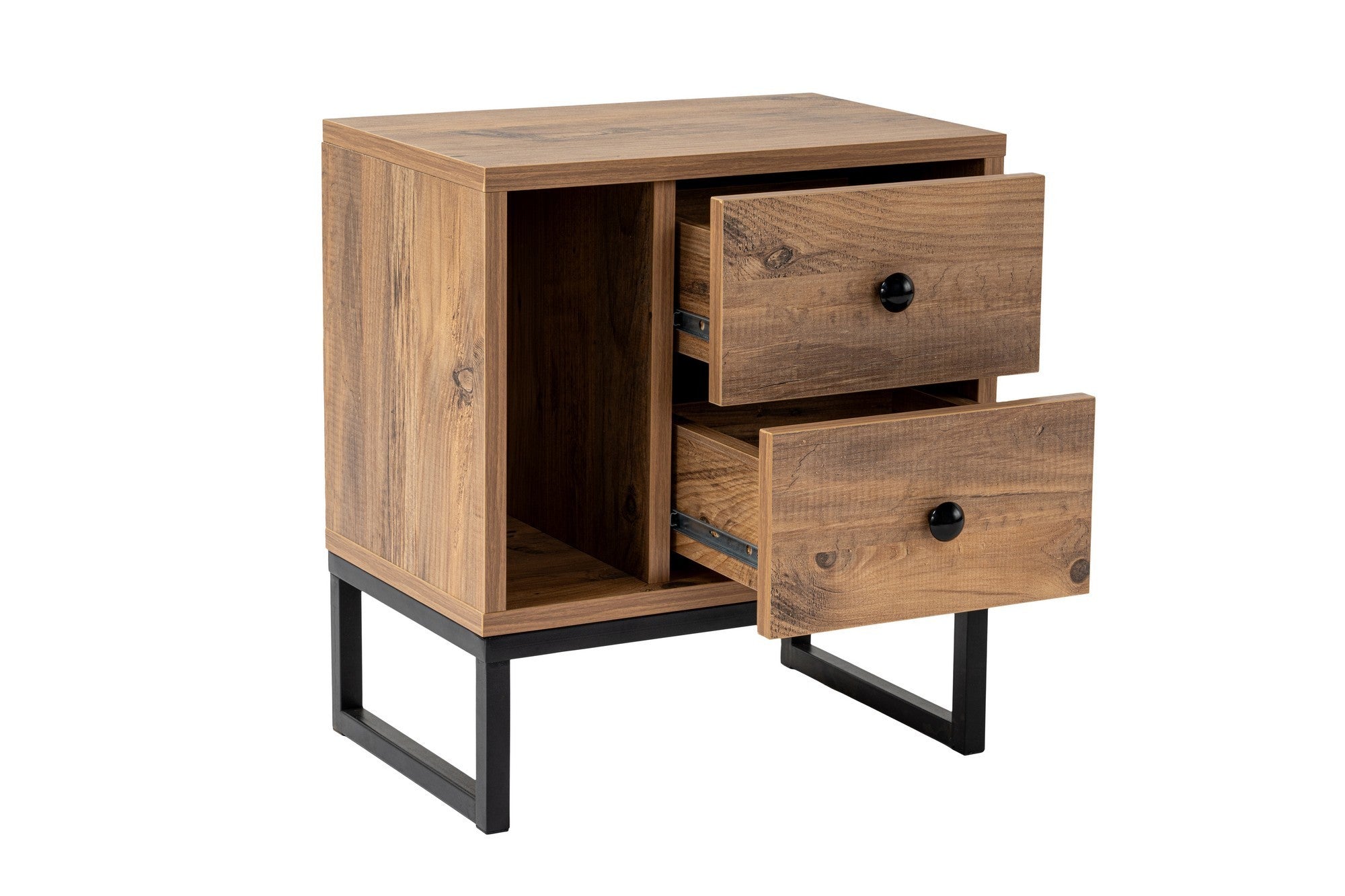 Mesa de Cabeceira Elegante com Pés de Metal, Pinho Atlântico e Preto, 45,2 x 50 x 29,5 cm | Painel de Partículas 100% Revestido com Melamina, 18 mm de Espessura | Design Moderno para Quarto