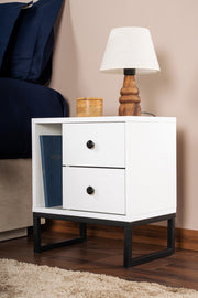 Mesa de Cabeceira Elegante com Pés de Metal, Branca e Preta, 45,2 x 50 x 29,5 cm | Painel de Partículas 100% Revestido em Melamina, 18 mm de Espessura | Design Moderno para Quarto
