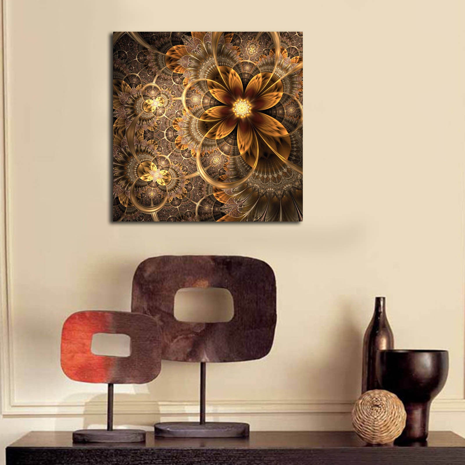 Tela Decorativa Multicolor 45 x 45 cm em Camurça com Moldura de Madeira 3 cm