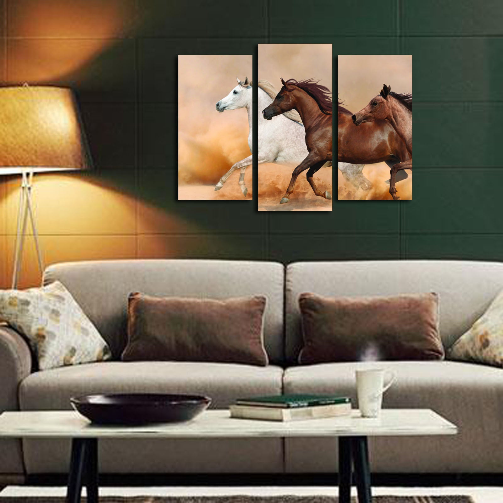 3PATK-49 Quadro Decorativo Multicolor (Conjunto de 3 Peças) – Canvas Camurça 100%, Moldura de Madeira 3 cm, Tamanho Total 45 x 66 cm