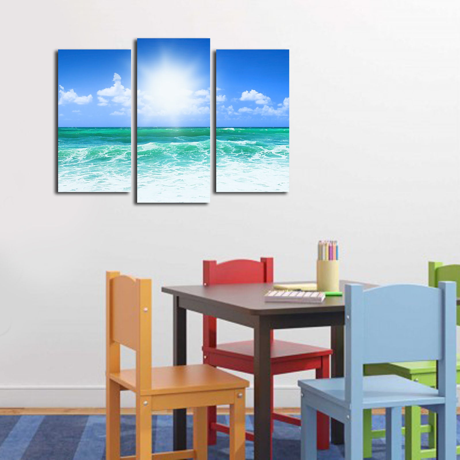 Tríptico Decorativo Multicolor em Tela Camurça 100% com Moldura de Madeira (3 cm)