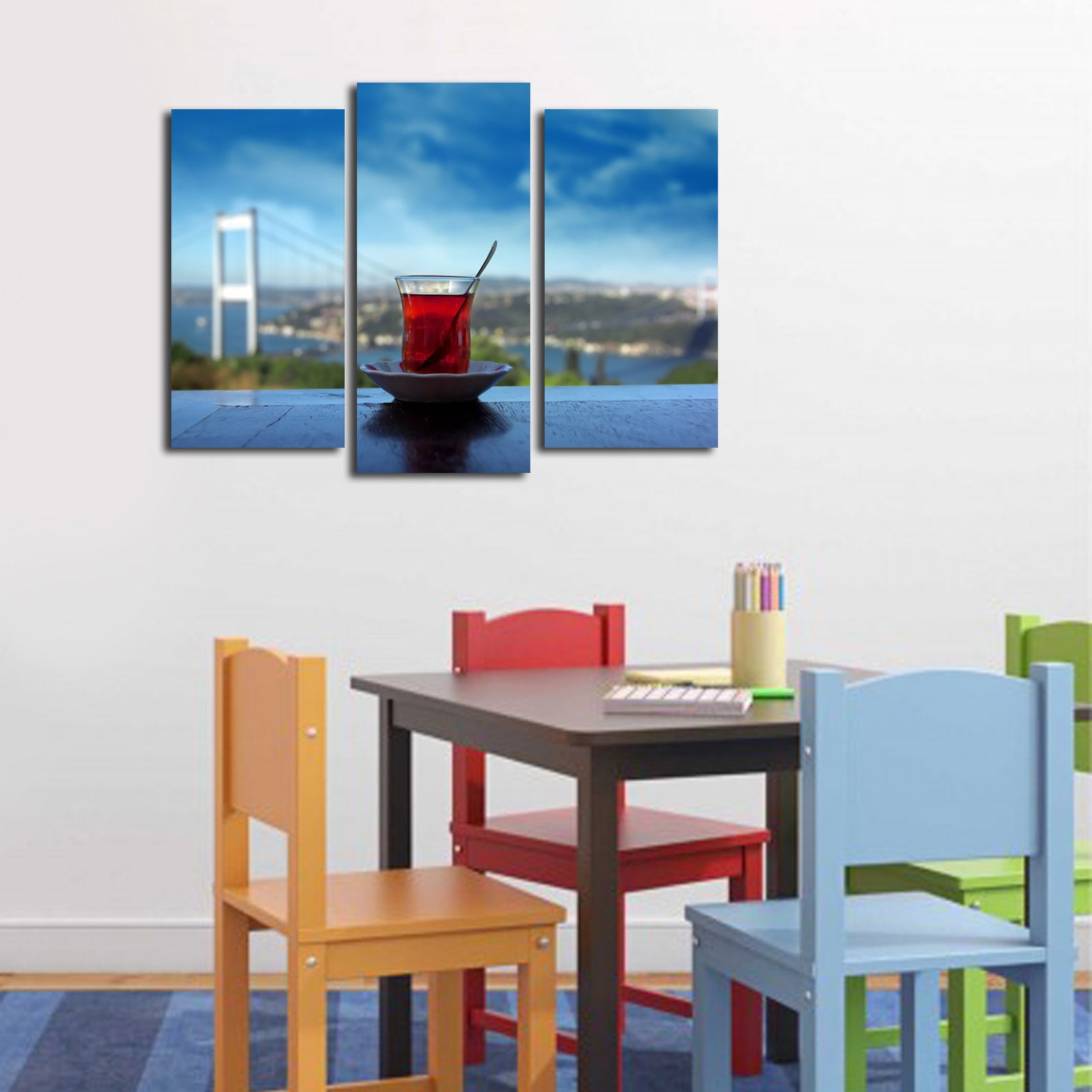 Quadro Decorativo em Tela Suede Multicolor – Conjunto 3 Peças com Moldura de Madeira (45 x 66 cm)