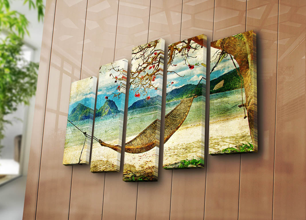 Quadro Decorativo Multicolor em 5 Peças — Suede 100%, Moldura de Madeira, 70 x 105 cm