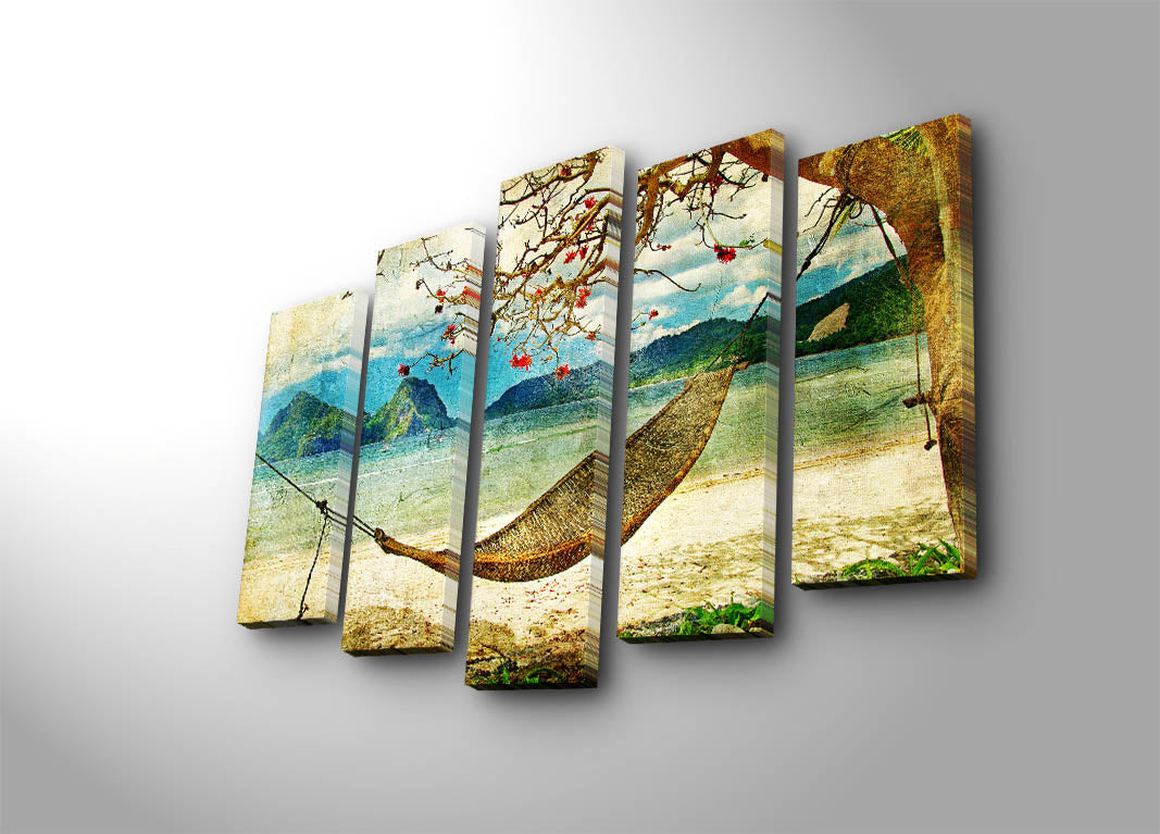 Quadro Decorativo Multicolor em 5 Peças — Suede 100%, Moldura de Madeira, 70 x 105 cm