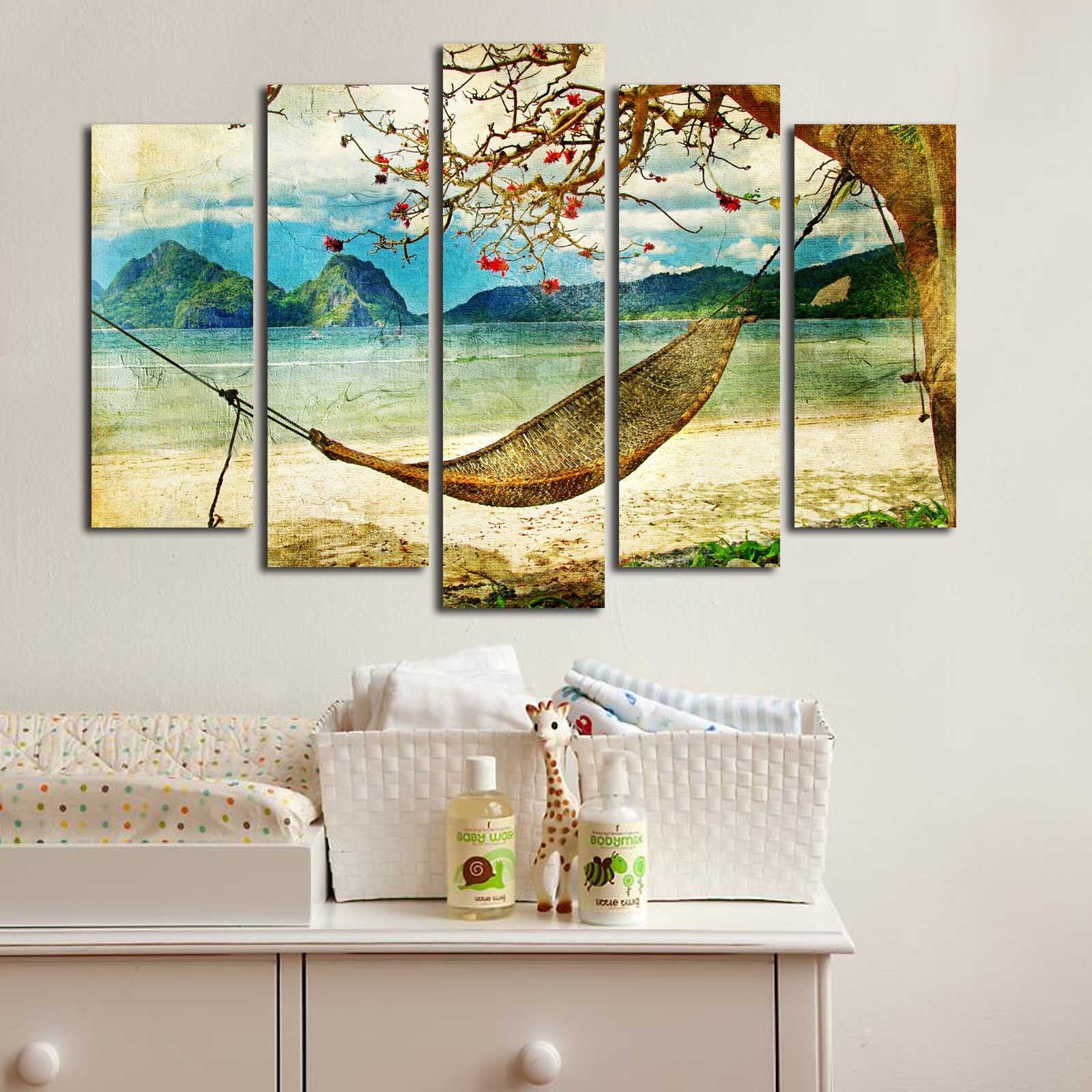 Quadro Decorativo Multicolor em 5 Peças — Suede 100%, Moldura de Madeira, 70 x 105 cm