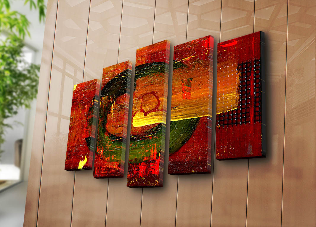 Quadro Decorativo Multicolor em Tela Suede 100% (5 Peças) com Moldura de Madeira – 70 x 105 cm