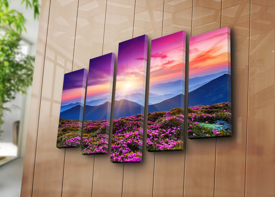 Quadro Decorativo em Tela (5 Peças) Multicolor – 100% Suede Canvas, Moldura de Madeira, Tamanho Total 70 x 105 cm | 5PATK-51