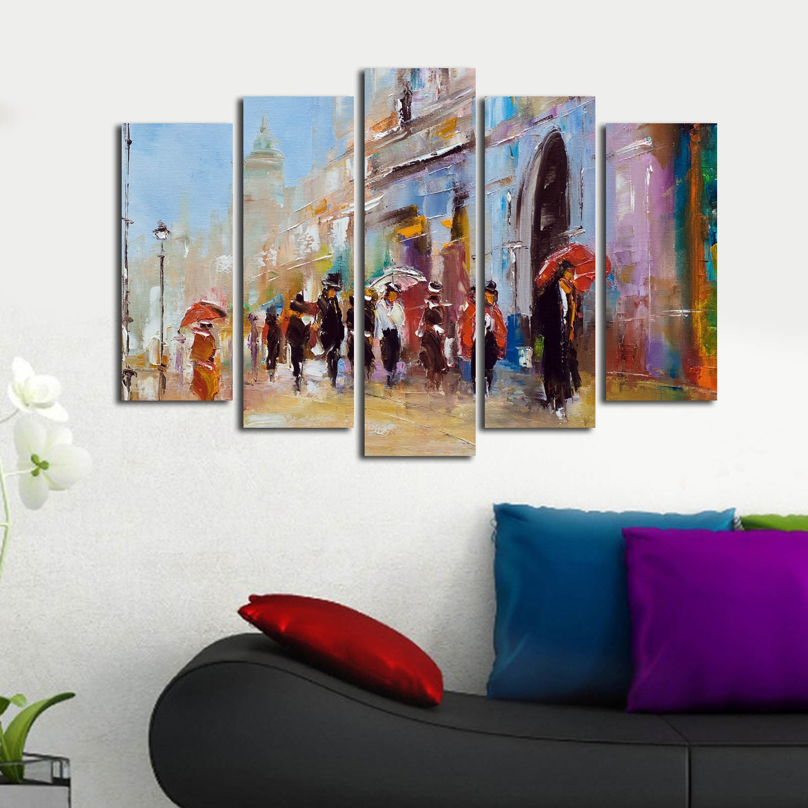 Quadro Decorativo Multicolor em Tela Suede (Conjunto de 5 Peças) – 70 x 105 cm, Moldura de Madeira (3 cm)