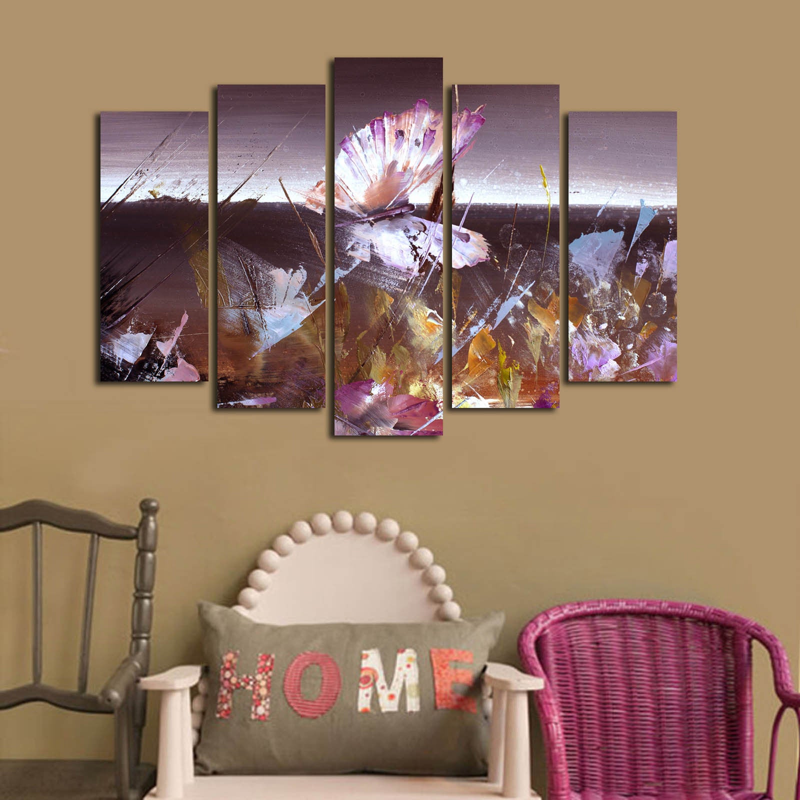 Tela Decorativa Multicolor em Canvas Suede 100% (5 Peças) 70 x 105 cm com Moldura de Madeira 3 cm