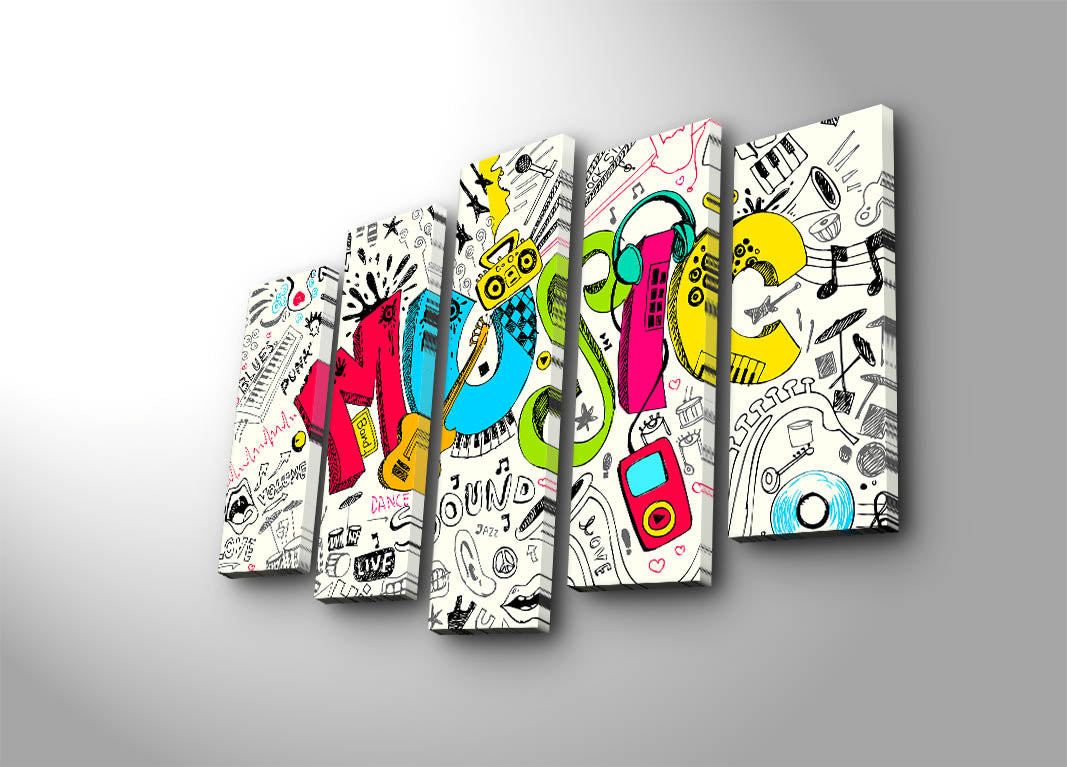 Quadro Decorativo em Tela 5 Peças Multicolor – 100% Suede Canvas, Moldura de Madeira, 70 x 105 cm (5PATK-79)