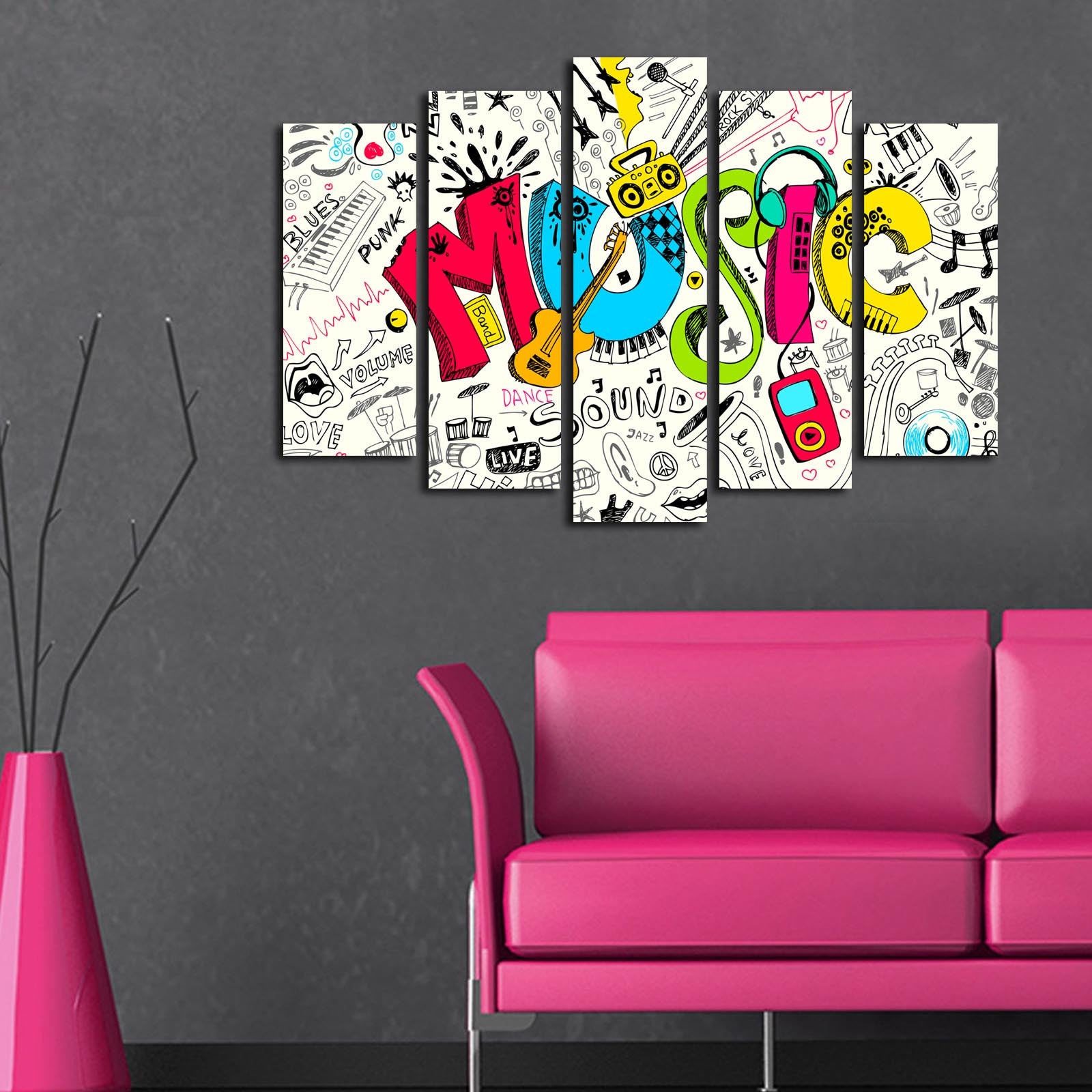 Quadro Decorativo em Tela 5 Peças Multicolor – 100% Suede Canvas, Moldura de Madeira, 70 x 105 cm (5PATK-79)