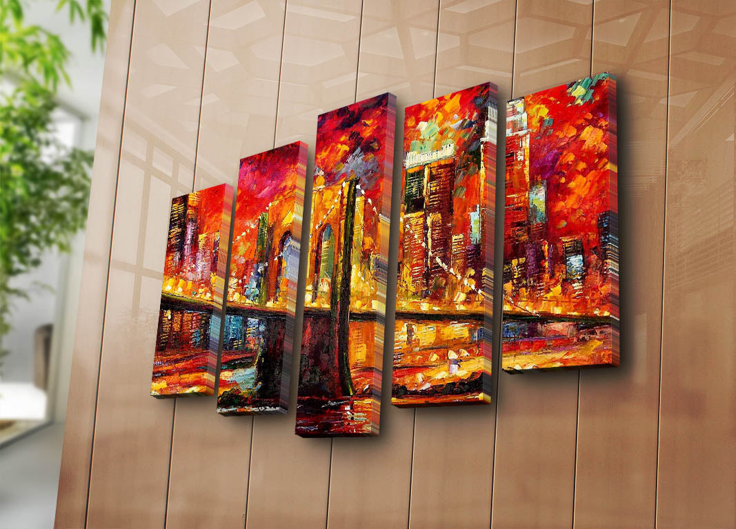 Quadro Decorativo em Tela Multicolor (5 Peças) — Canvas em Camurça 100%, Moldura de Madeira 3 cm — 70 x 105 cm — 5PATK-93