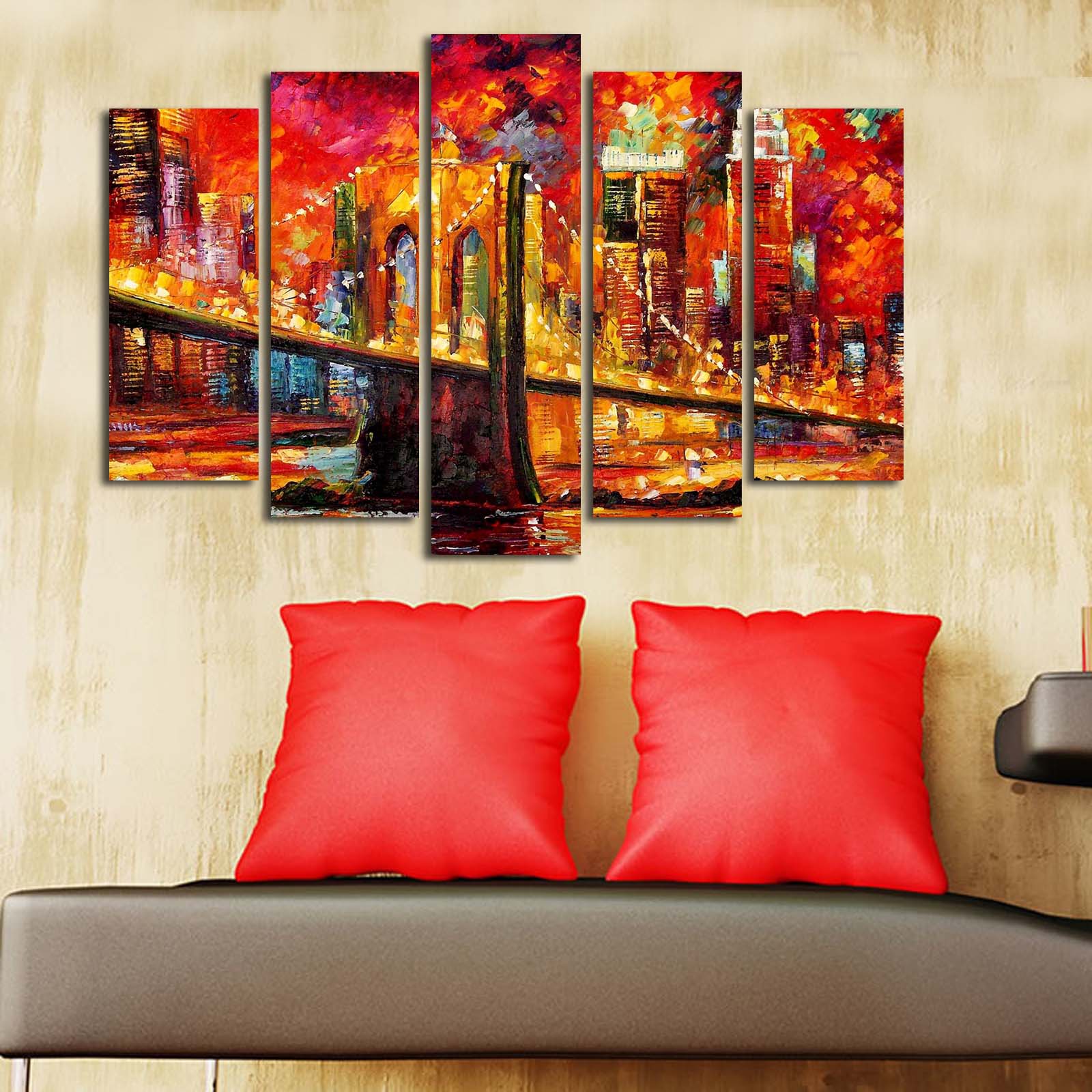 Quadro Decorativo em Tela Multicolor (5 Peças) — Canvas em Camurça 100%, Moldura de Madeira 3 cm — 70 x 105 cm — 5PATK-93