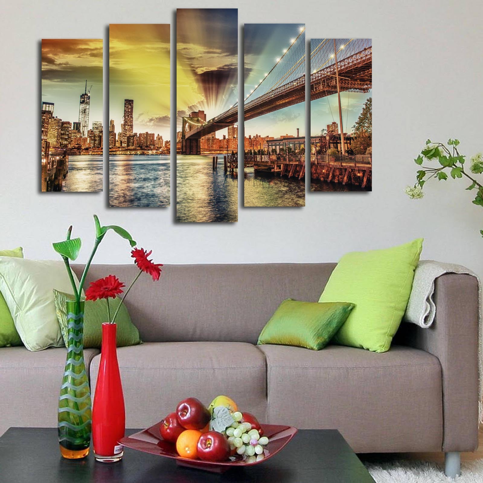 Quadro Decorativo Multicolor em Tela Suede — Conjunto 5 Peças 70x105 cm com Moldura de Madeira (5PATK-111)